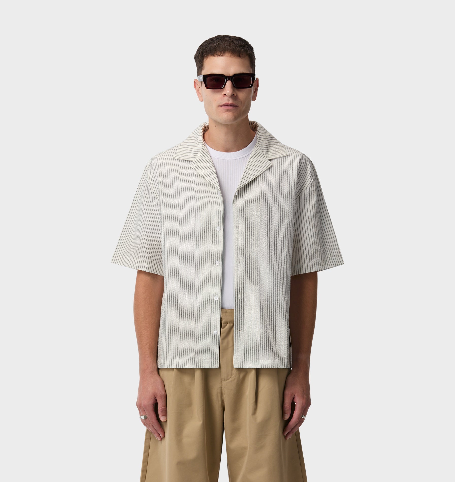 Box Cuban Collar Shirt - White/Black Stripe | I Love Ugly