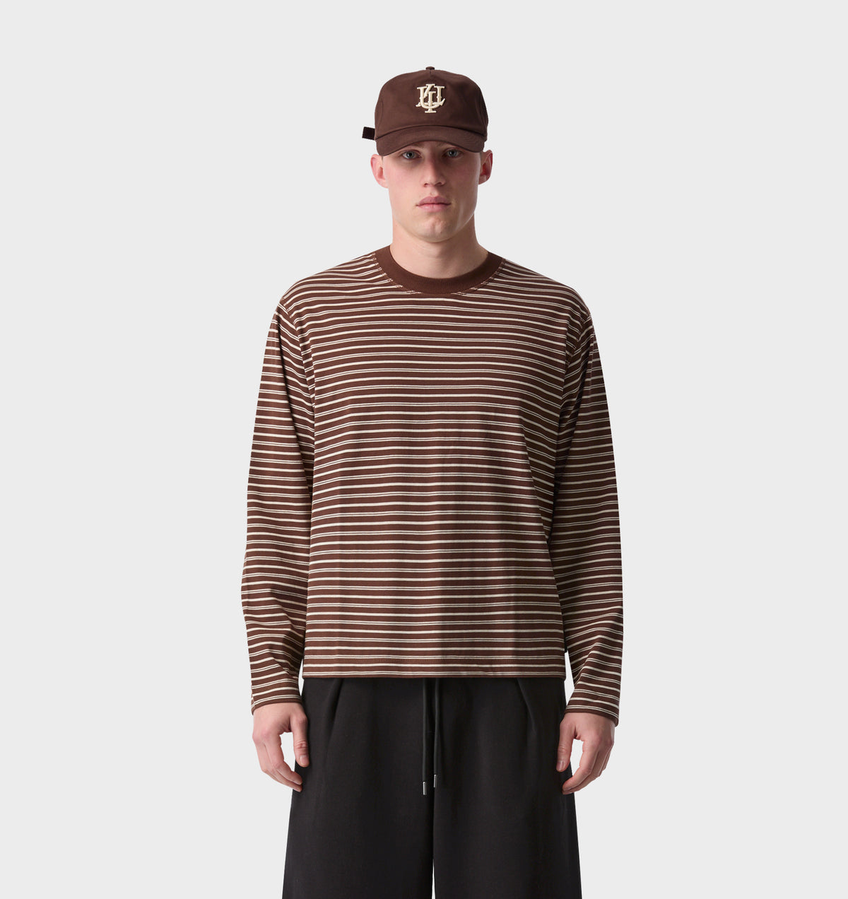 Crop Box LS Tee - Brown/Off White Stripe