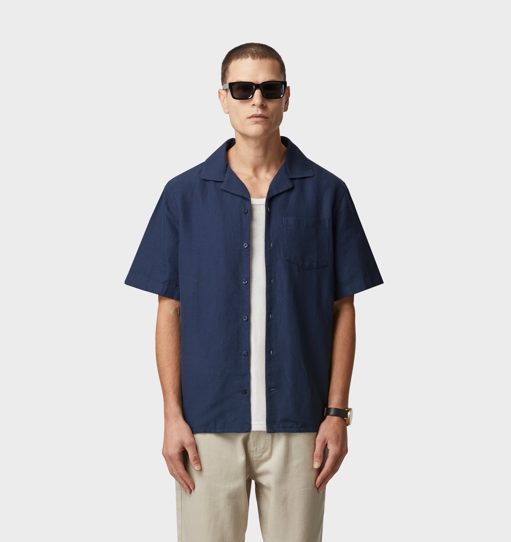 Linen Cuban Collar SS Shirt - Navy