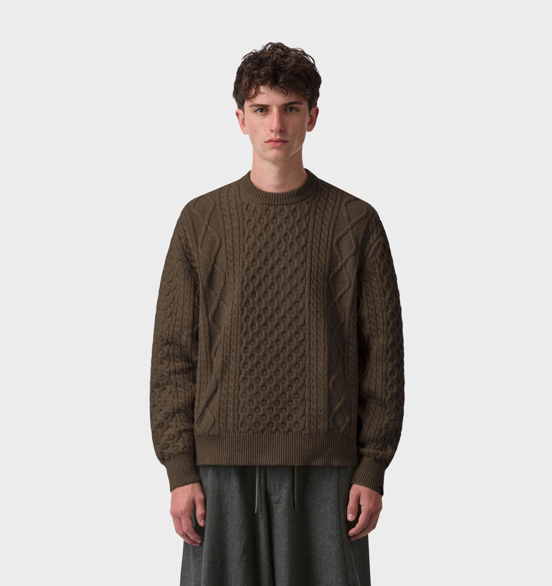 Cable Crop Knit Sweater - Brown Fleck