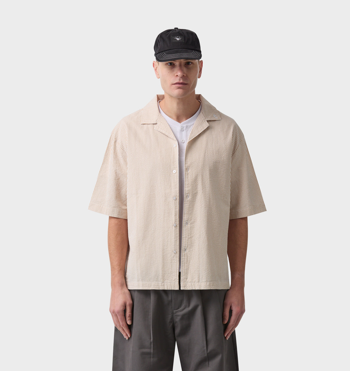 Box Cuban Collar Shirt - Mustard/White Stripe