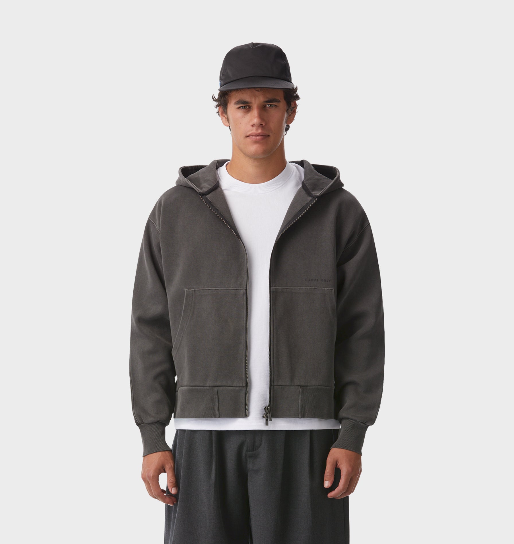Cropped Zip Up Hoodie in Washed Black I Love Ugly