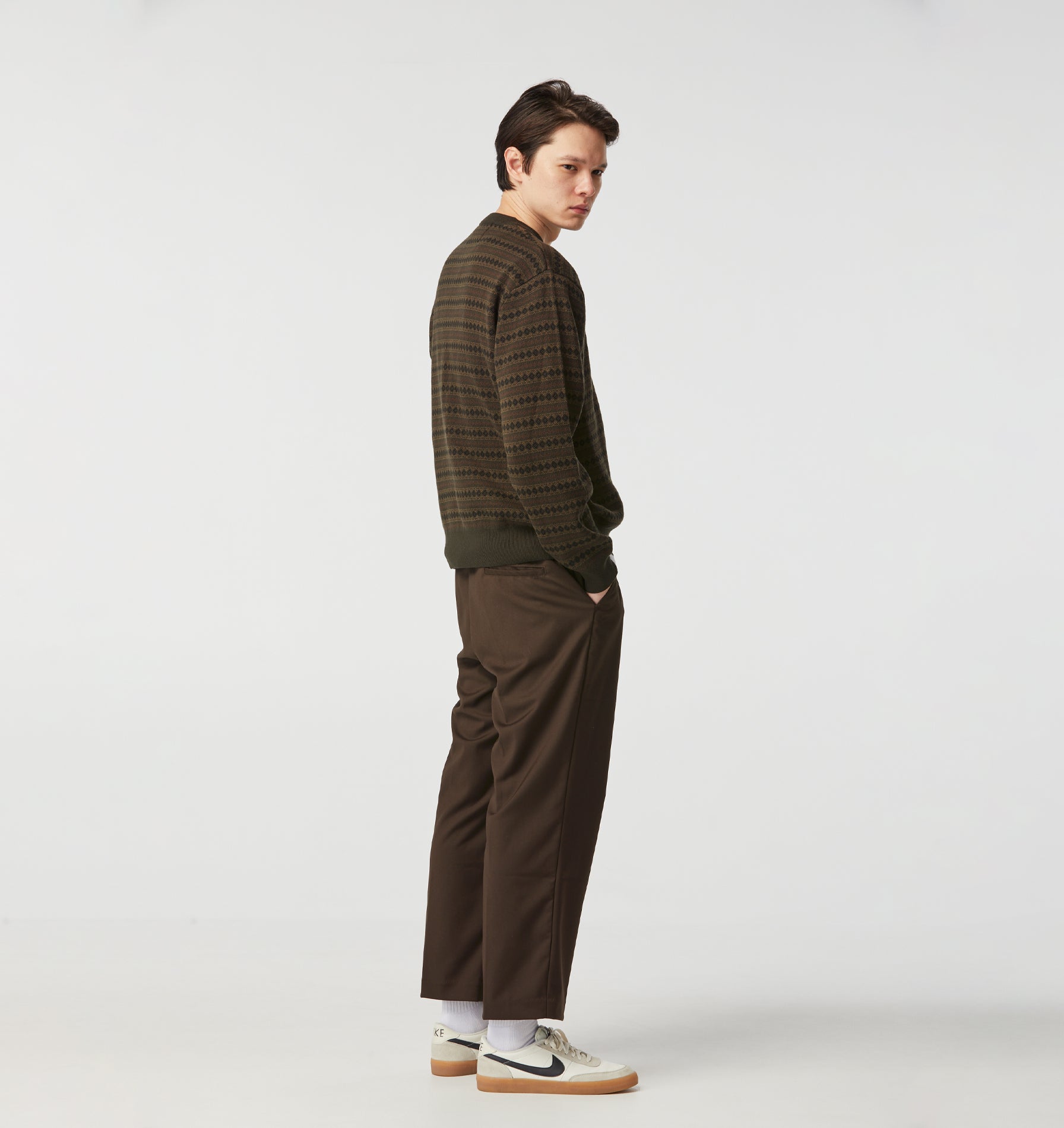 Mosaic Cropped Knit Sweater - Olive/Brown