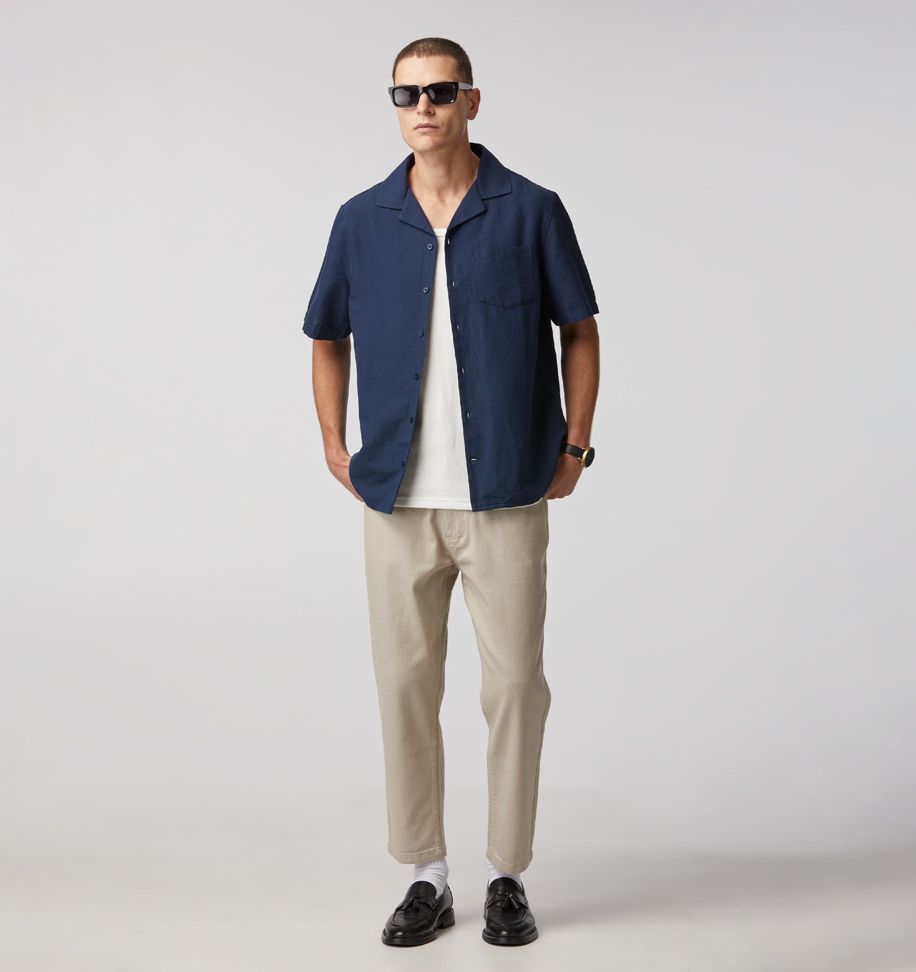 Linen Cuban Collar SS Shirt - Navy