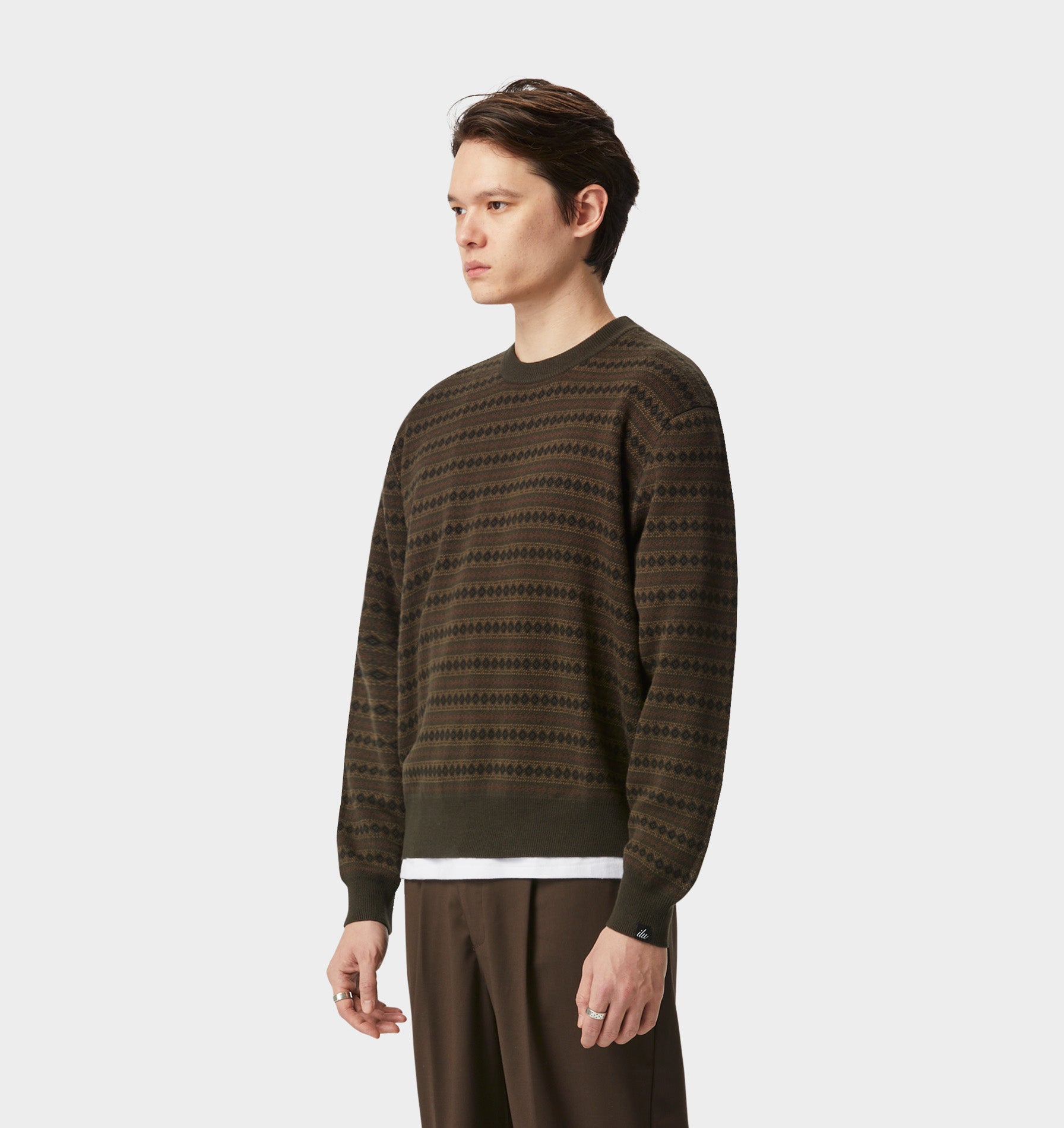 Mosaic Cropped Knit Sweater - Olive/Brown