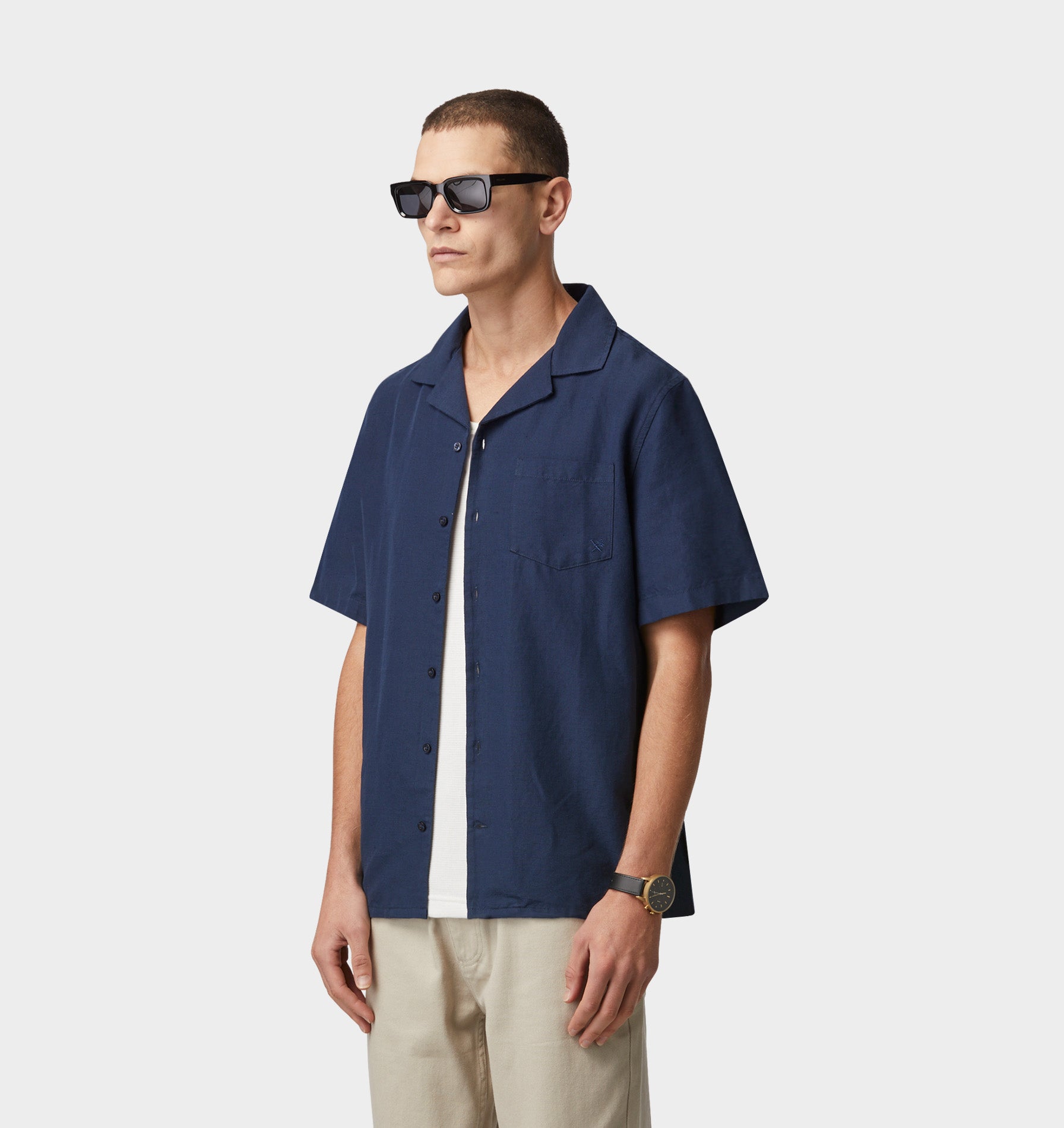 Linen Cuban Collar SS Shirt - Navy