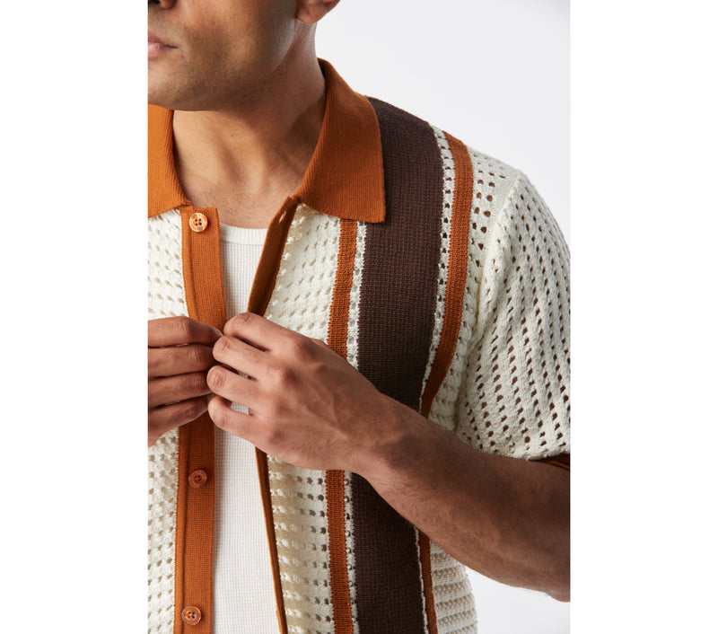 Textured Knit Bowling Shirt - Off White/Tobacco
