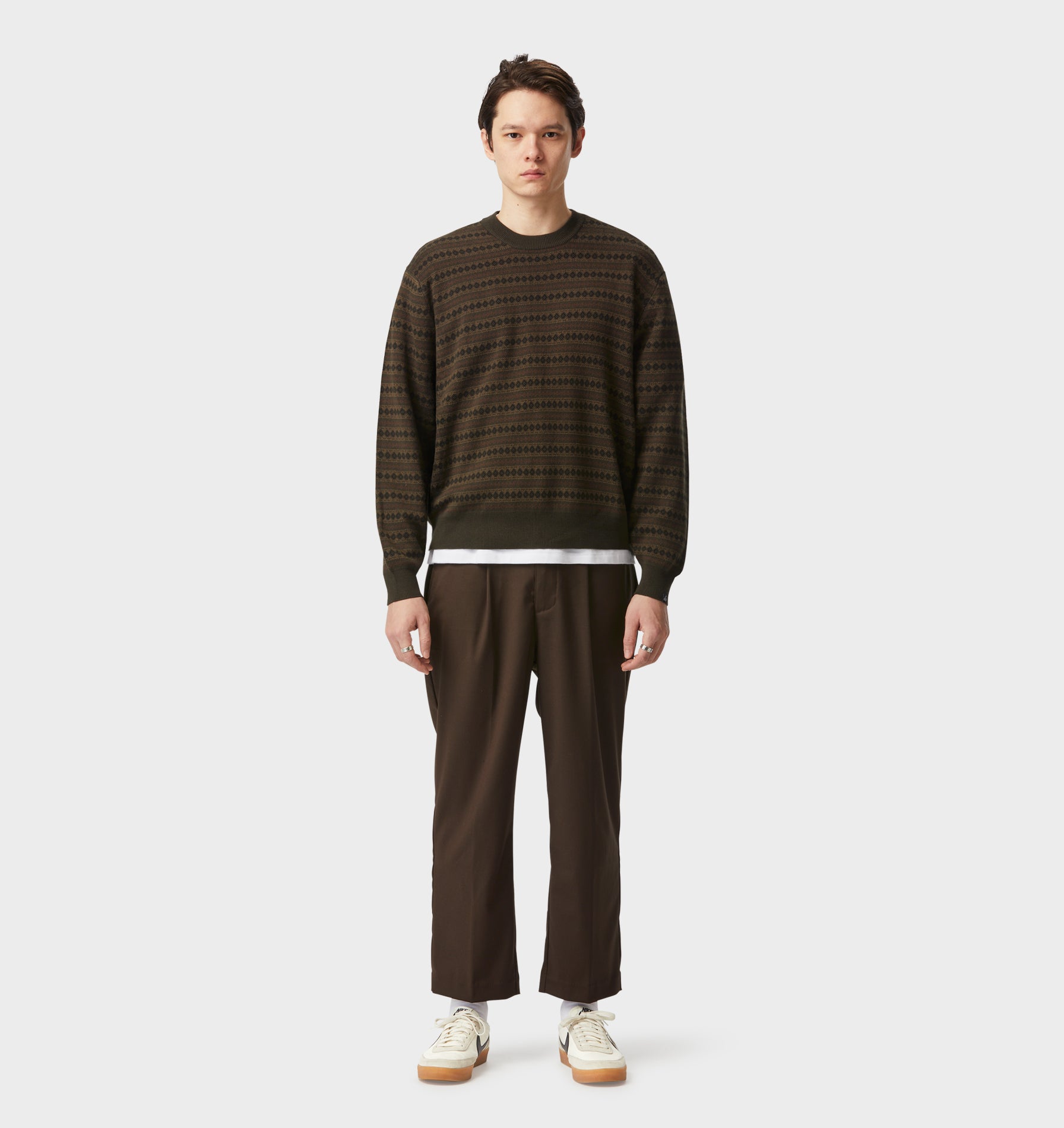 Mosaic Cropped Knit Sweater - Olive/Brown