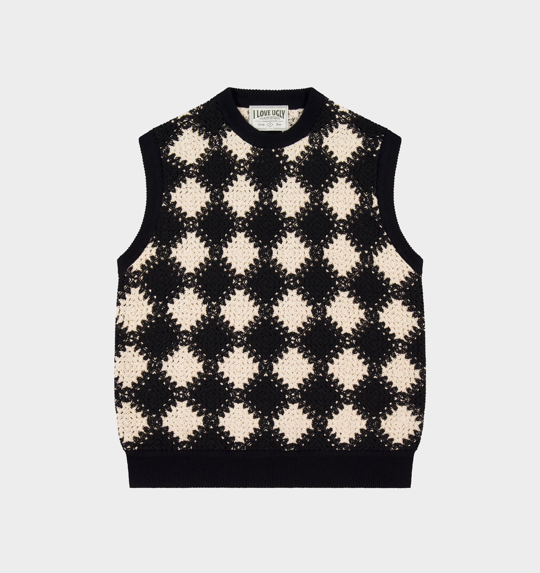 Crochet Knit Vest - Black / Off White