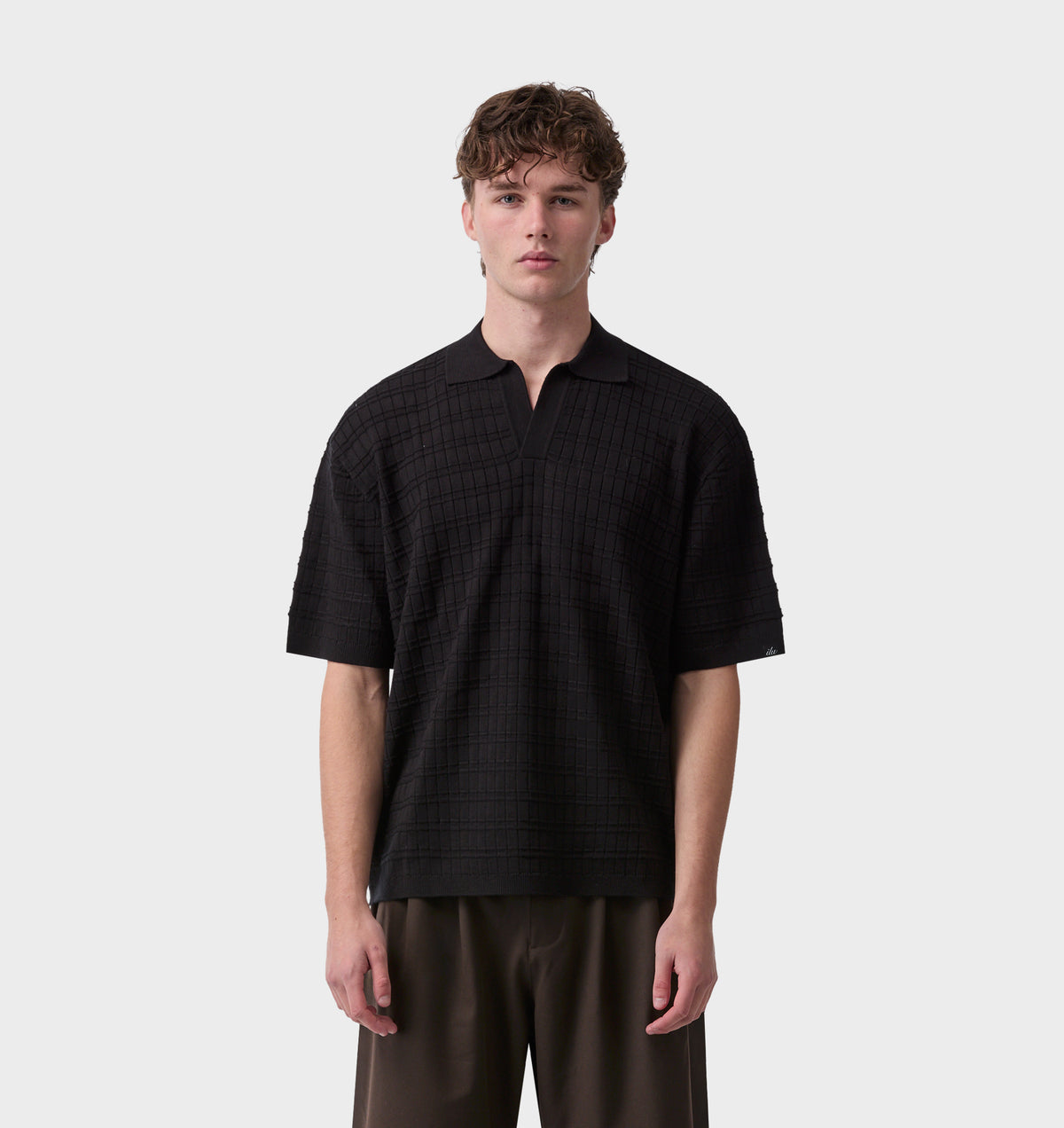 Grid Box Knit Polo - Black