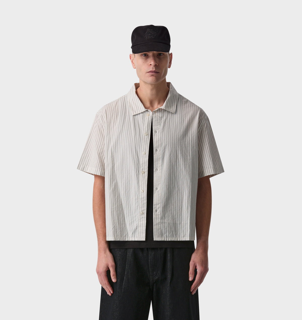 Stripe Crop SS Shirt - White/Black/Beige Stripe