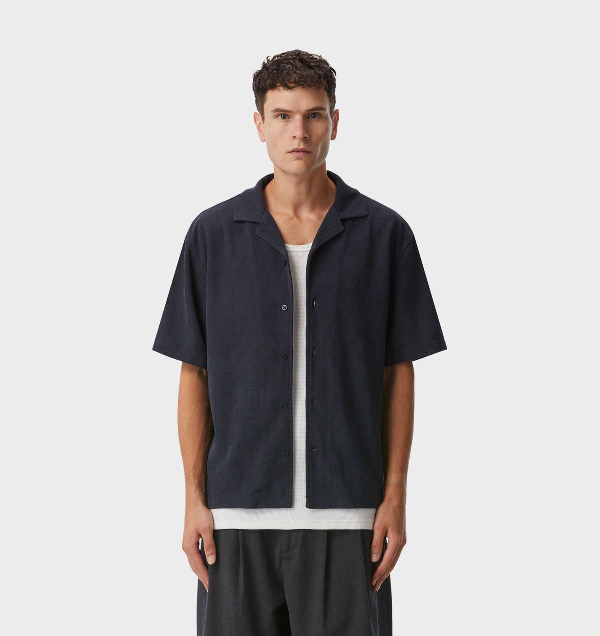 Waffle Box Cuban Collar SS Shirt - Indigo