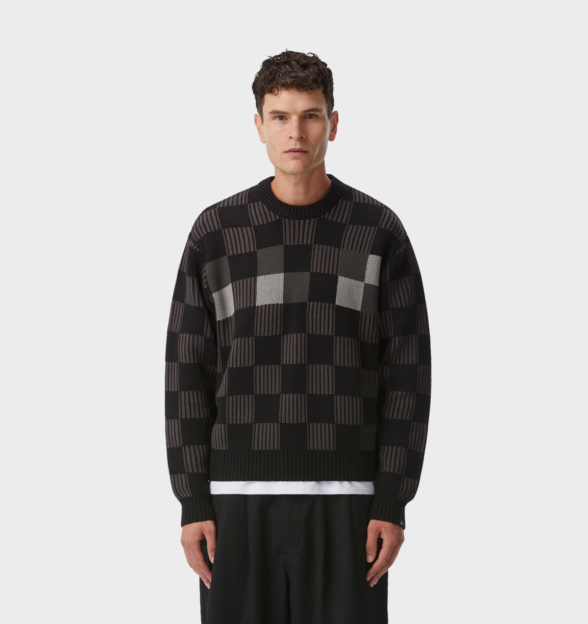 Checkerboard Knit Sweater - Charcoal