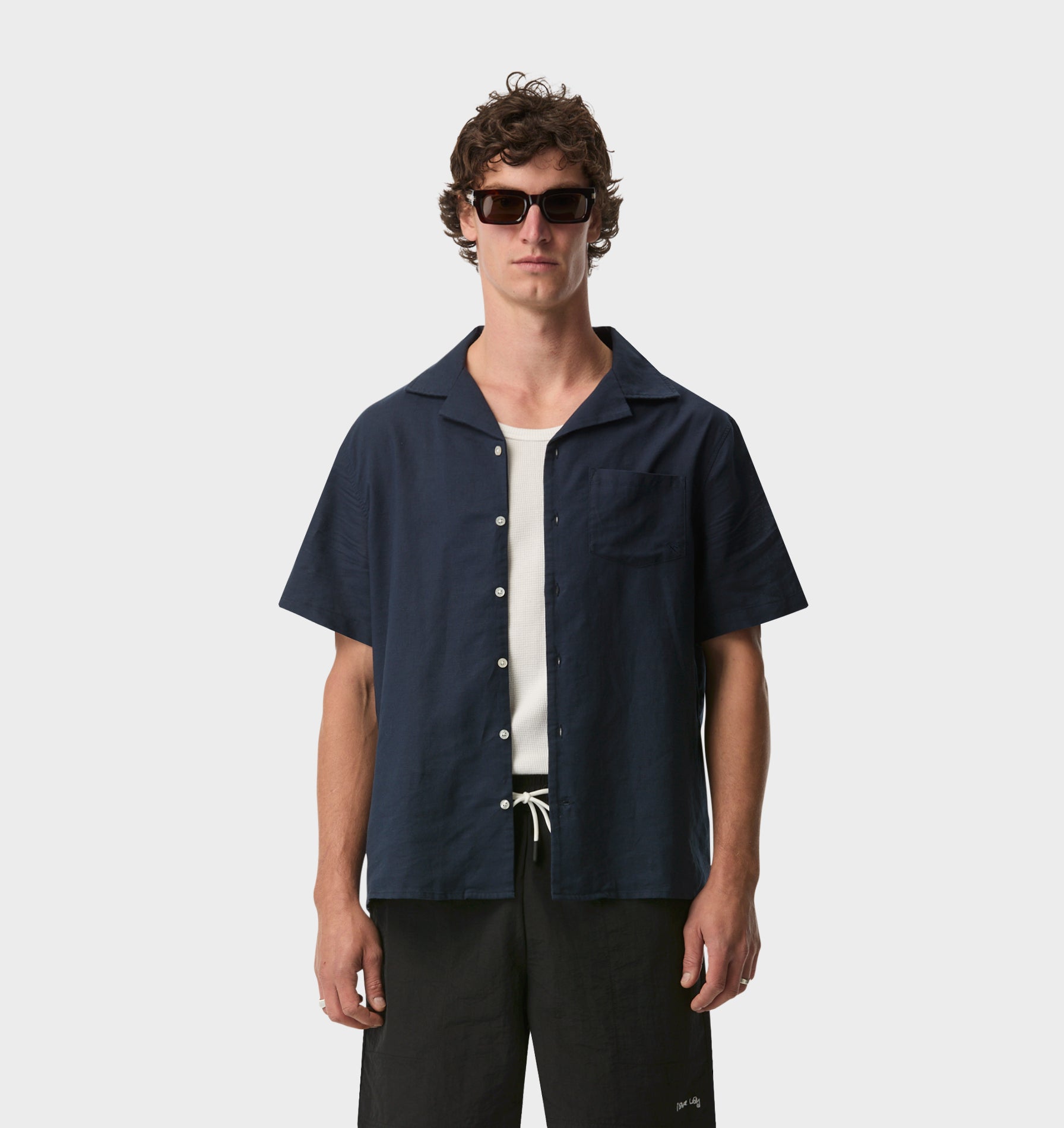 Linen Cuban Collar SS Shirt - Indigo