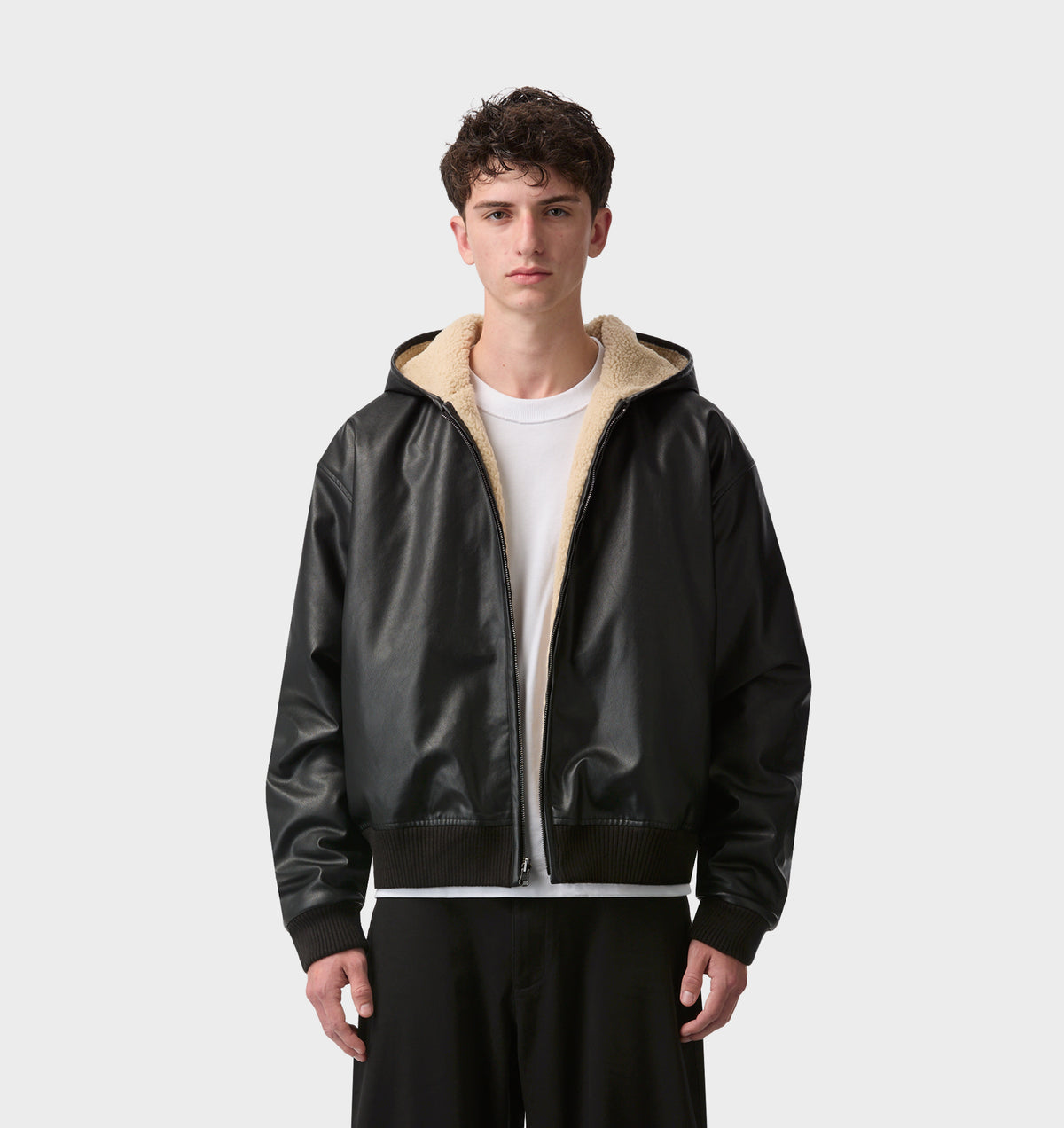 Faux Leather Hood Jacket - Black