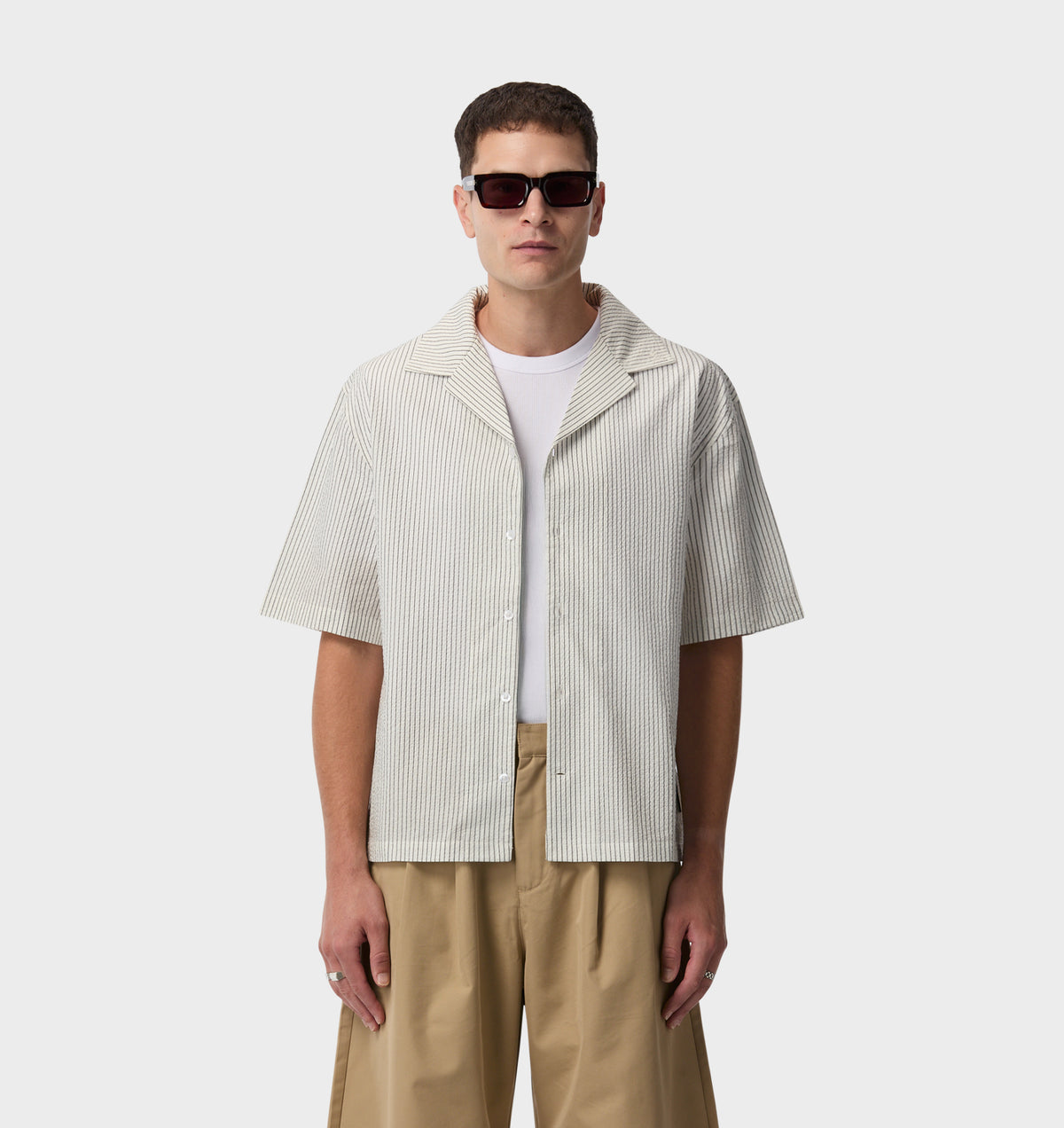 Box Cuban Collar Shirt - White/Black Stripe