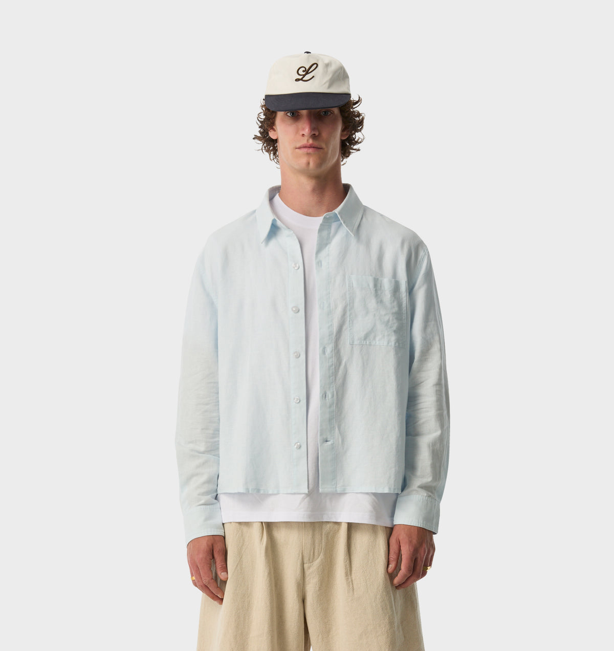 Linen Crop LS Shirt - Pale Blue