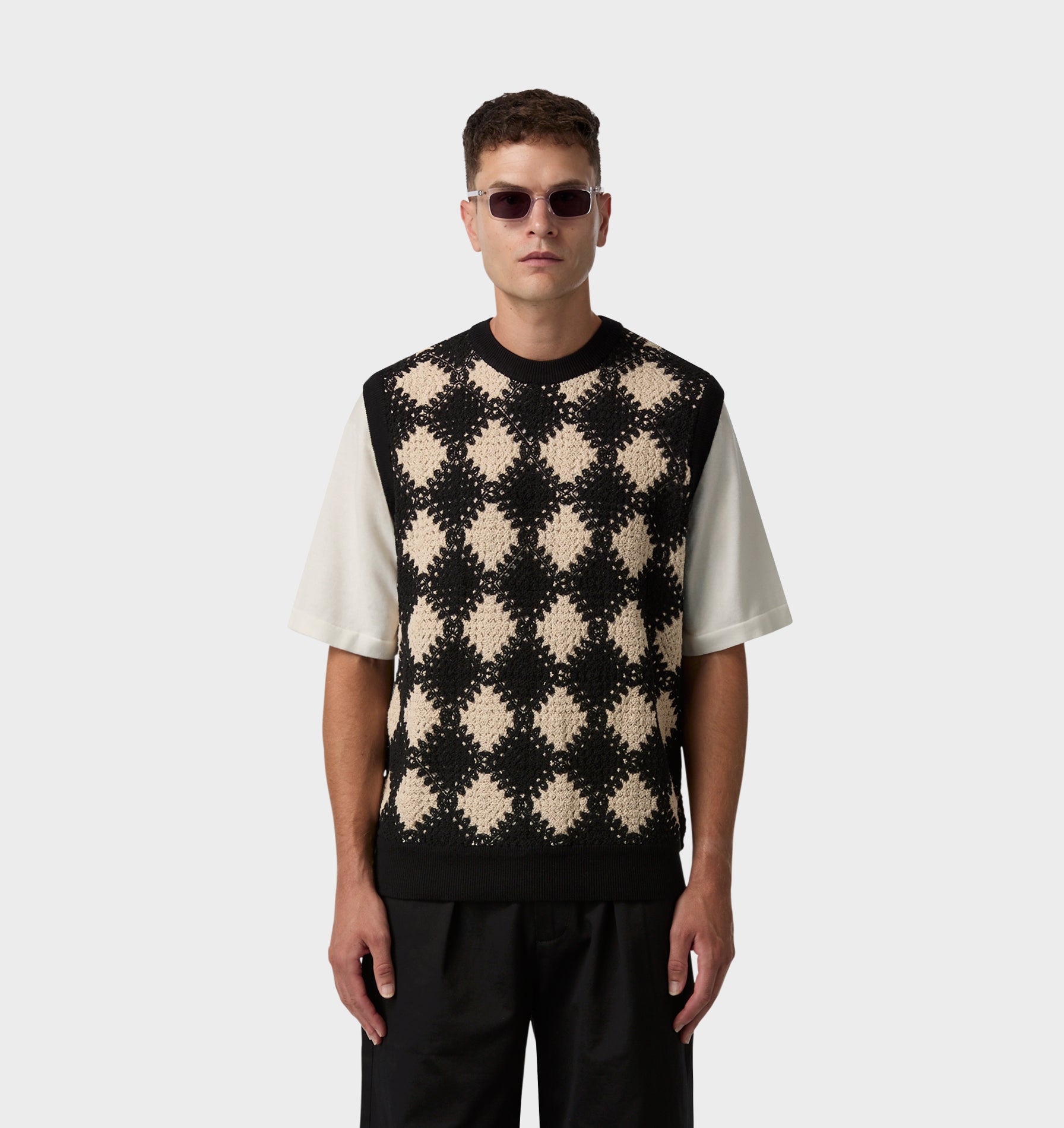 Crochet Knit Vest - Black / Off White | I Love Ugly