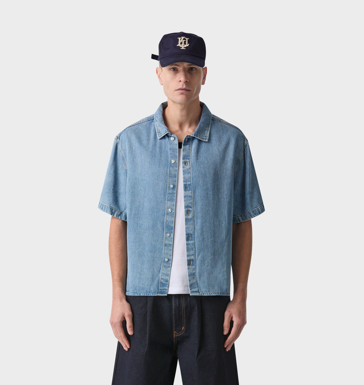 Chambray Crop SS Shirt - Faded Blue