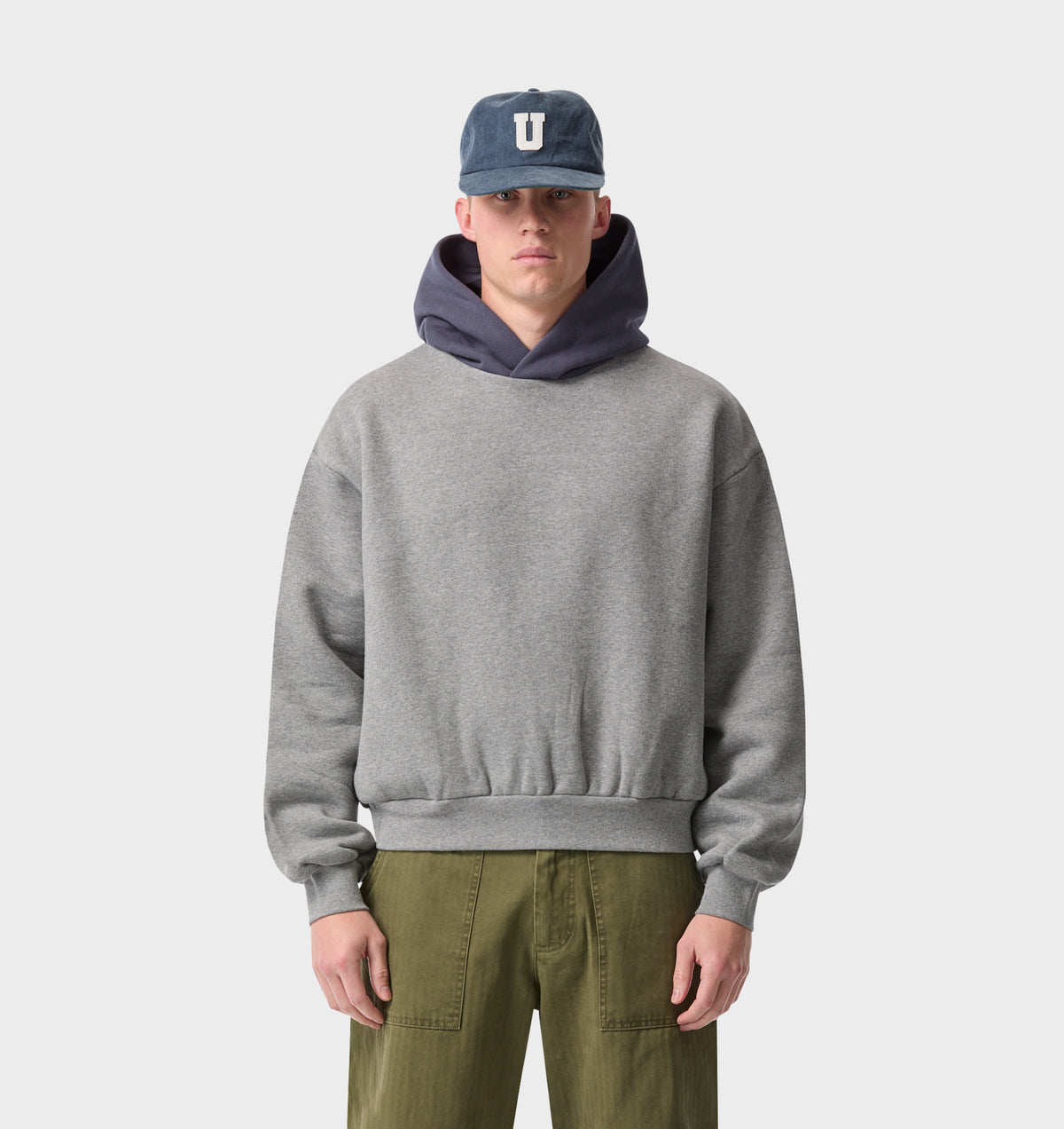 Heavy Crop Box Hood - Grey Marle/Indigo
