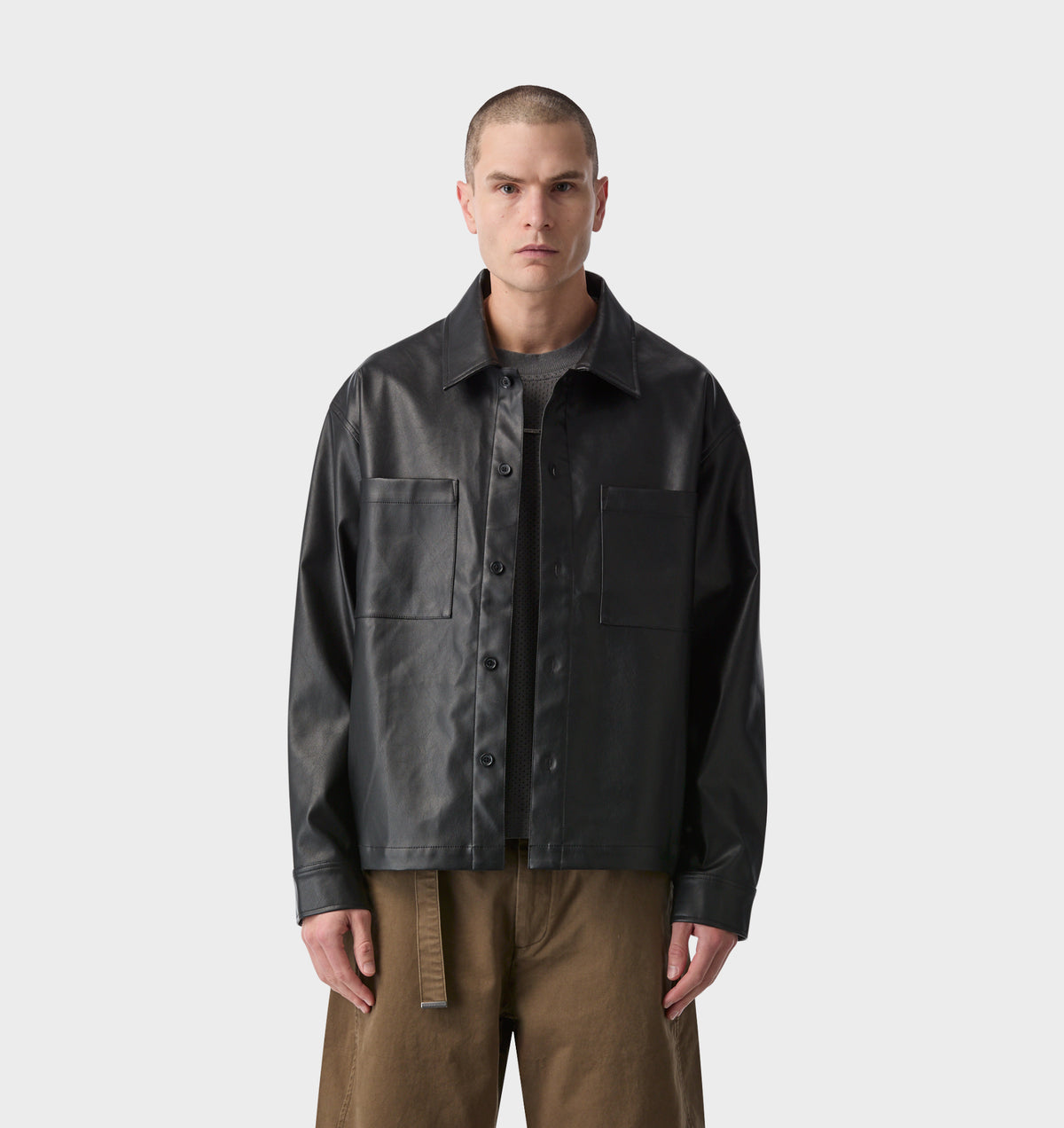 Faux Leather Overshirt - Black