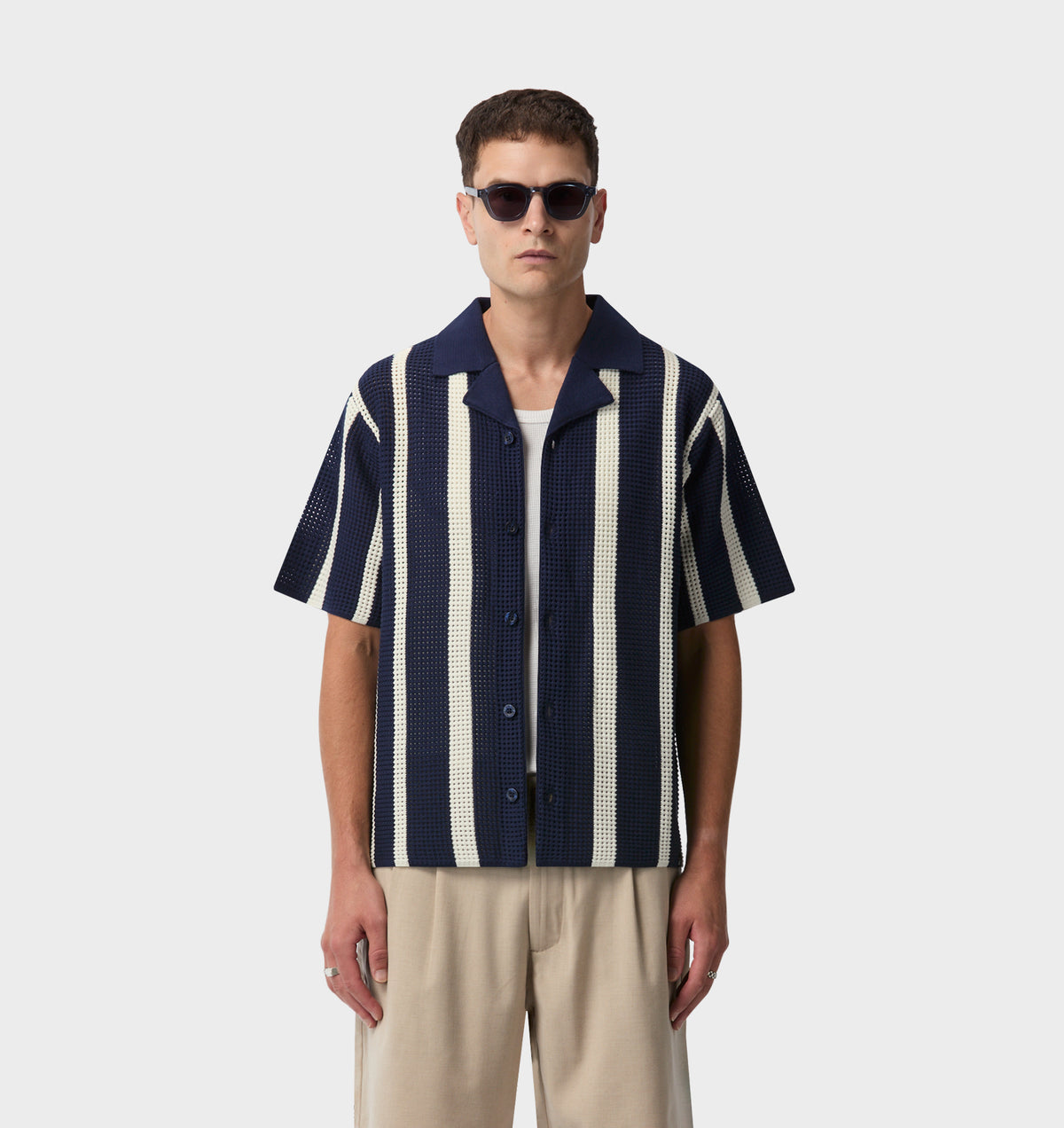 Knit Cuban Collar SS Shirt - Navy/Off White