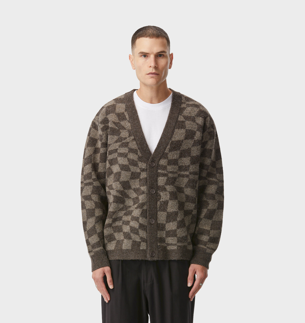Checkerboard Nelson Cardigan - Mushroom/Dark Brown