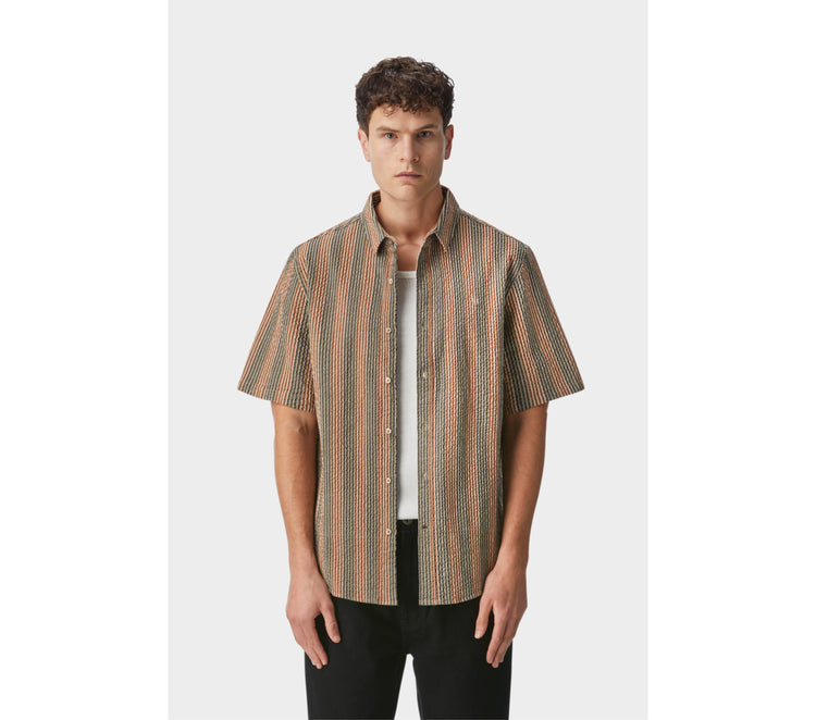Striped Jonty SS Shirt - Khaki Seersucker