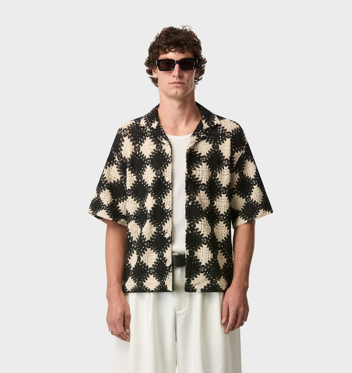 Crochet Box Cuban Collar SS Shirt - Off White/Black