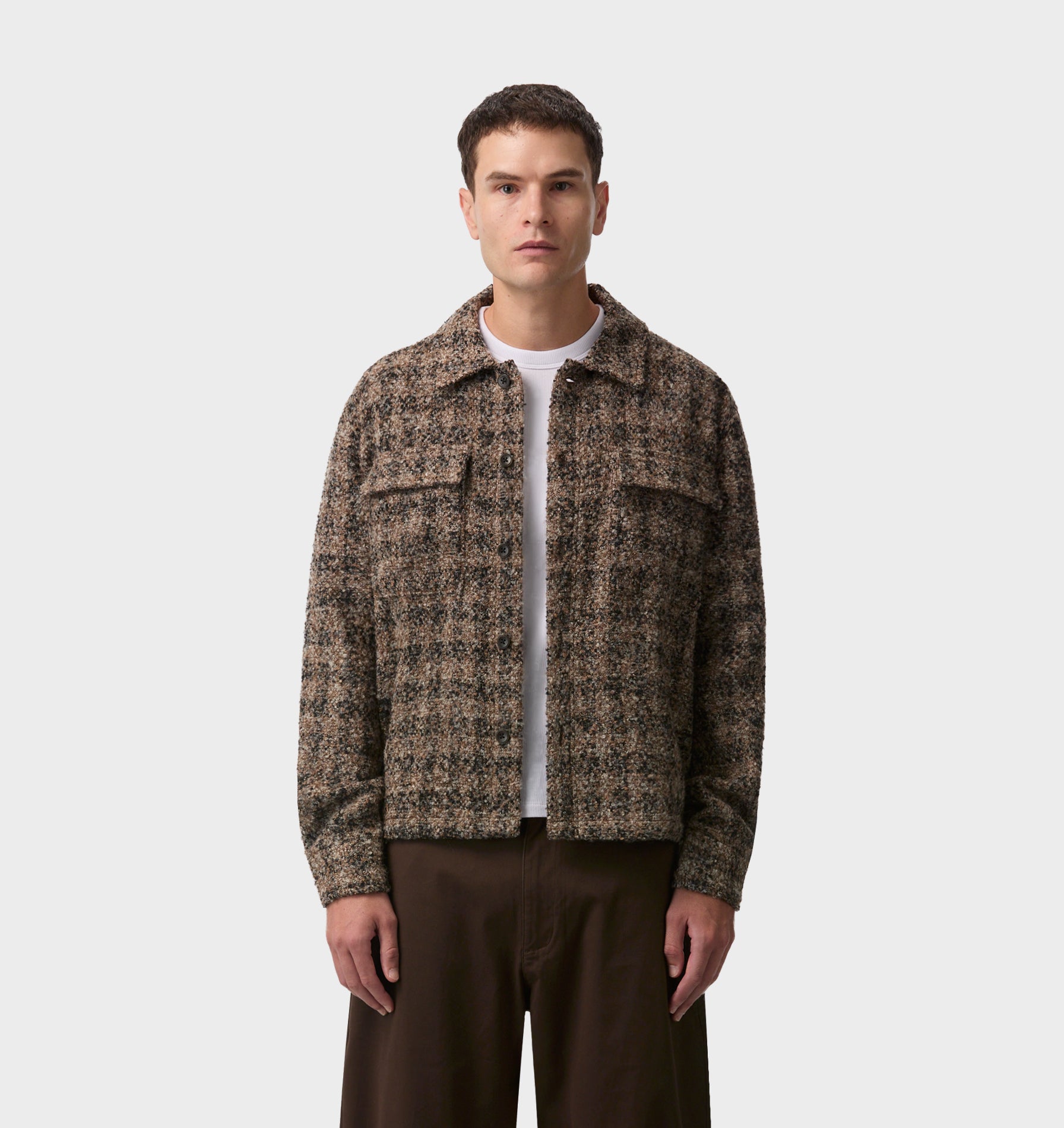 さ*い様 OVERCOAT 24AW BOUCLE SHIRT JACKET Boucle Overshirt - Brown/Black Check | I Love Ugly