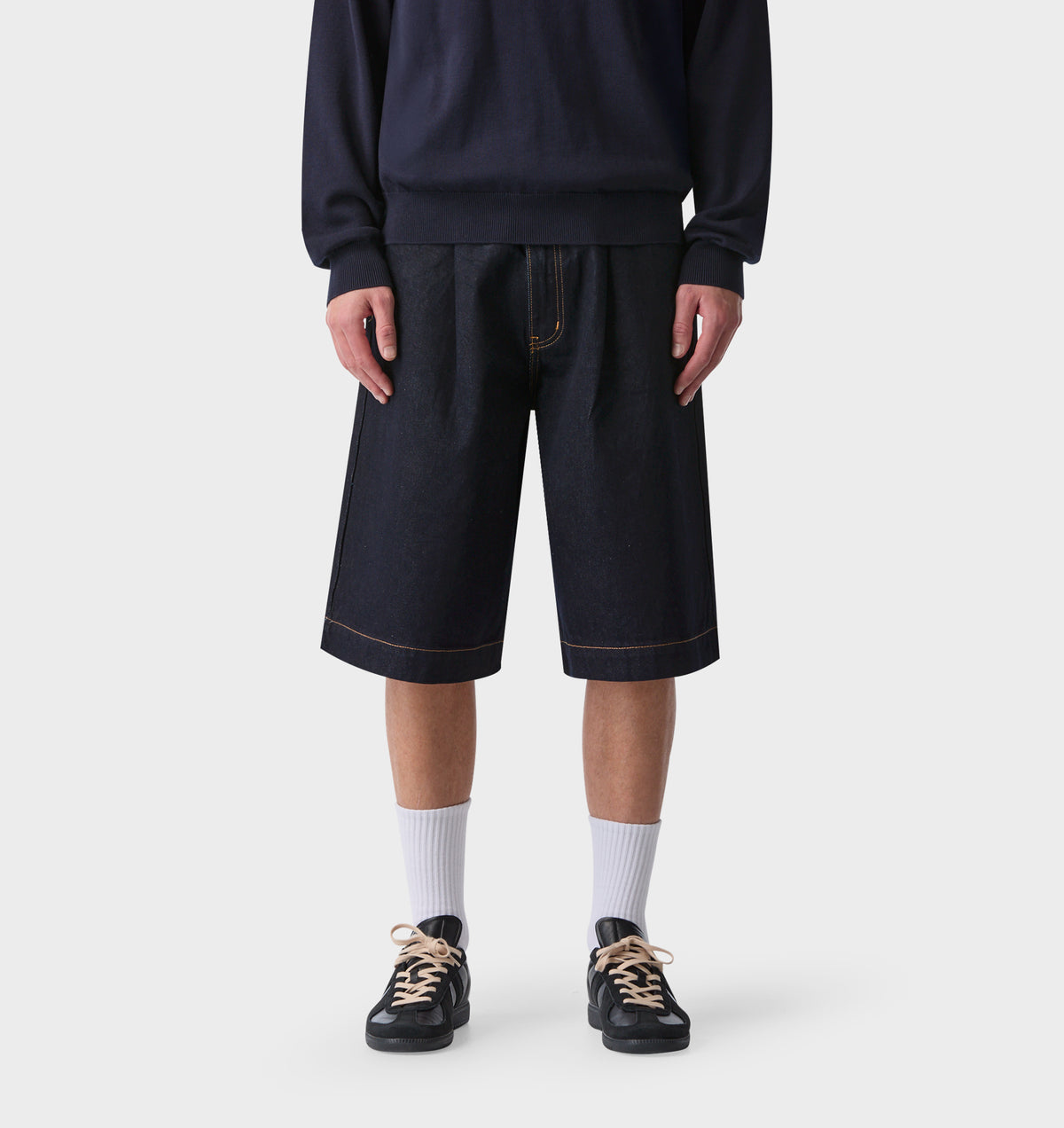 Wide Leg Pleat Denim Short - Indigo