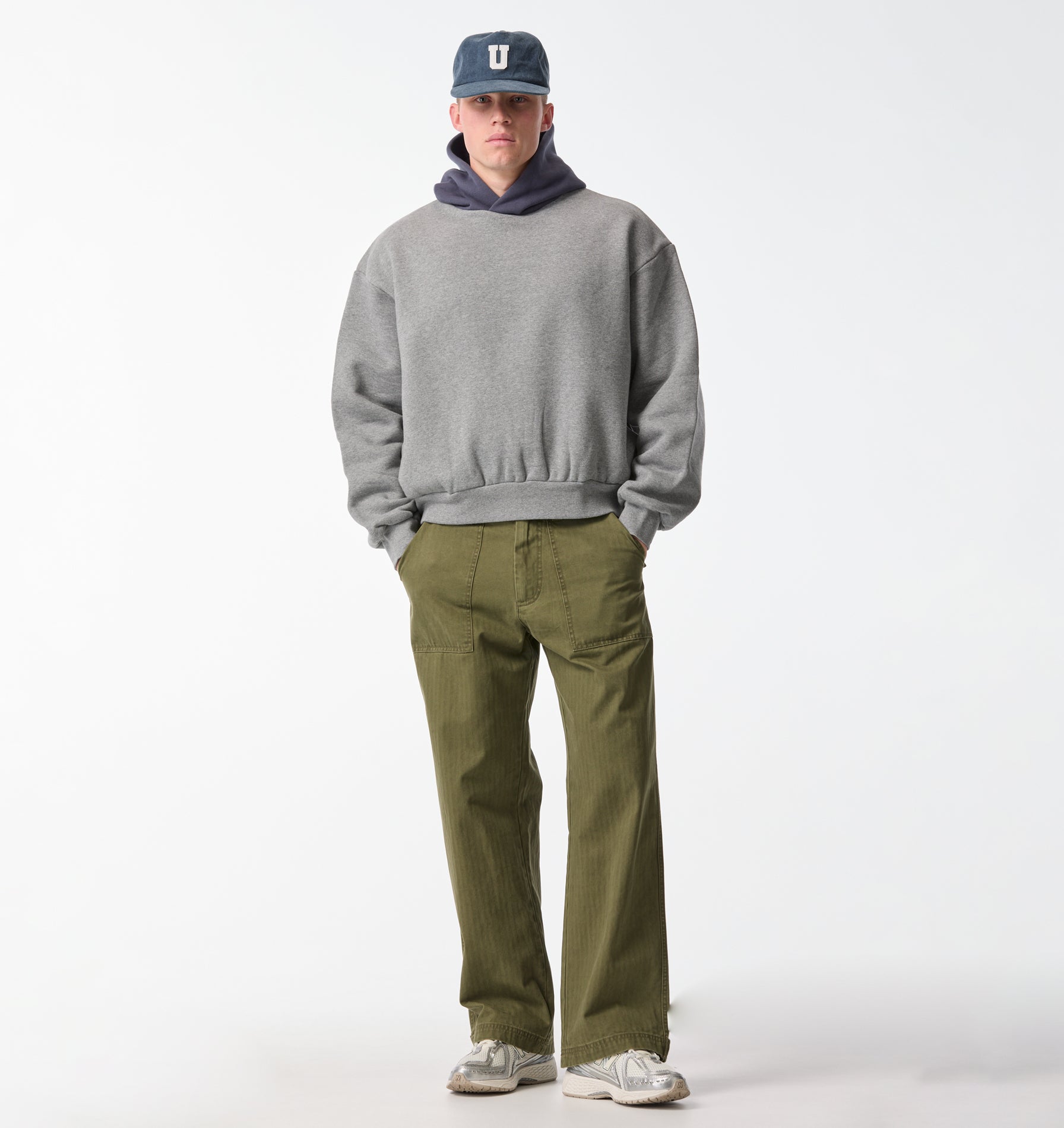 Heavy Crop Box Hood - Grey Marle/Indigo