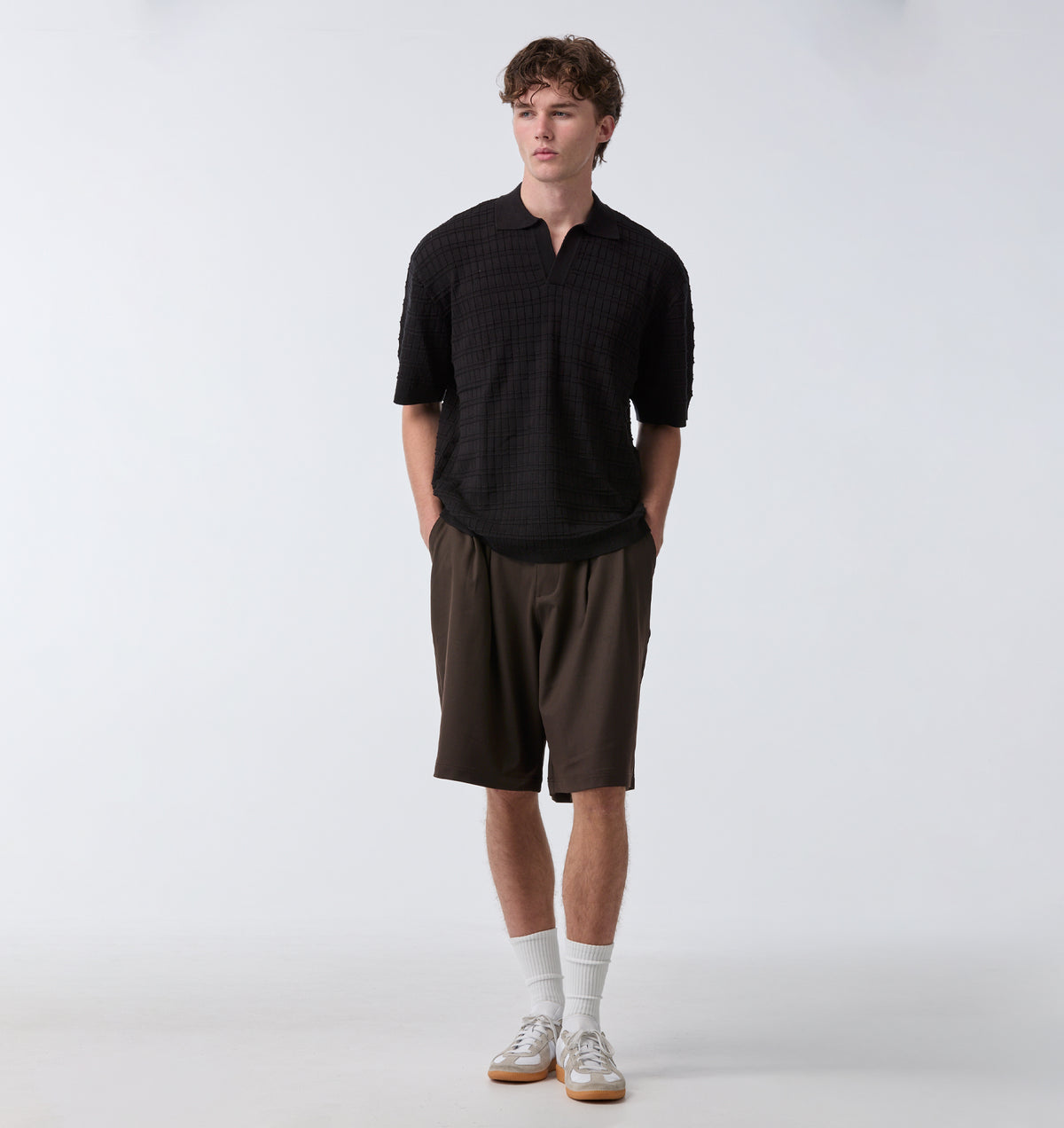 Grid Box Knit Polo - Black