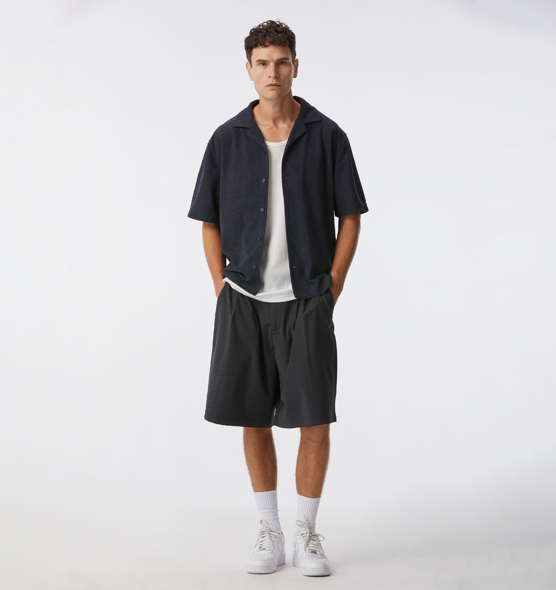 Waffle Box Cuban Collar SS Shirt - Indigo