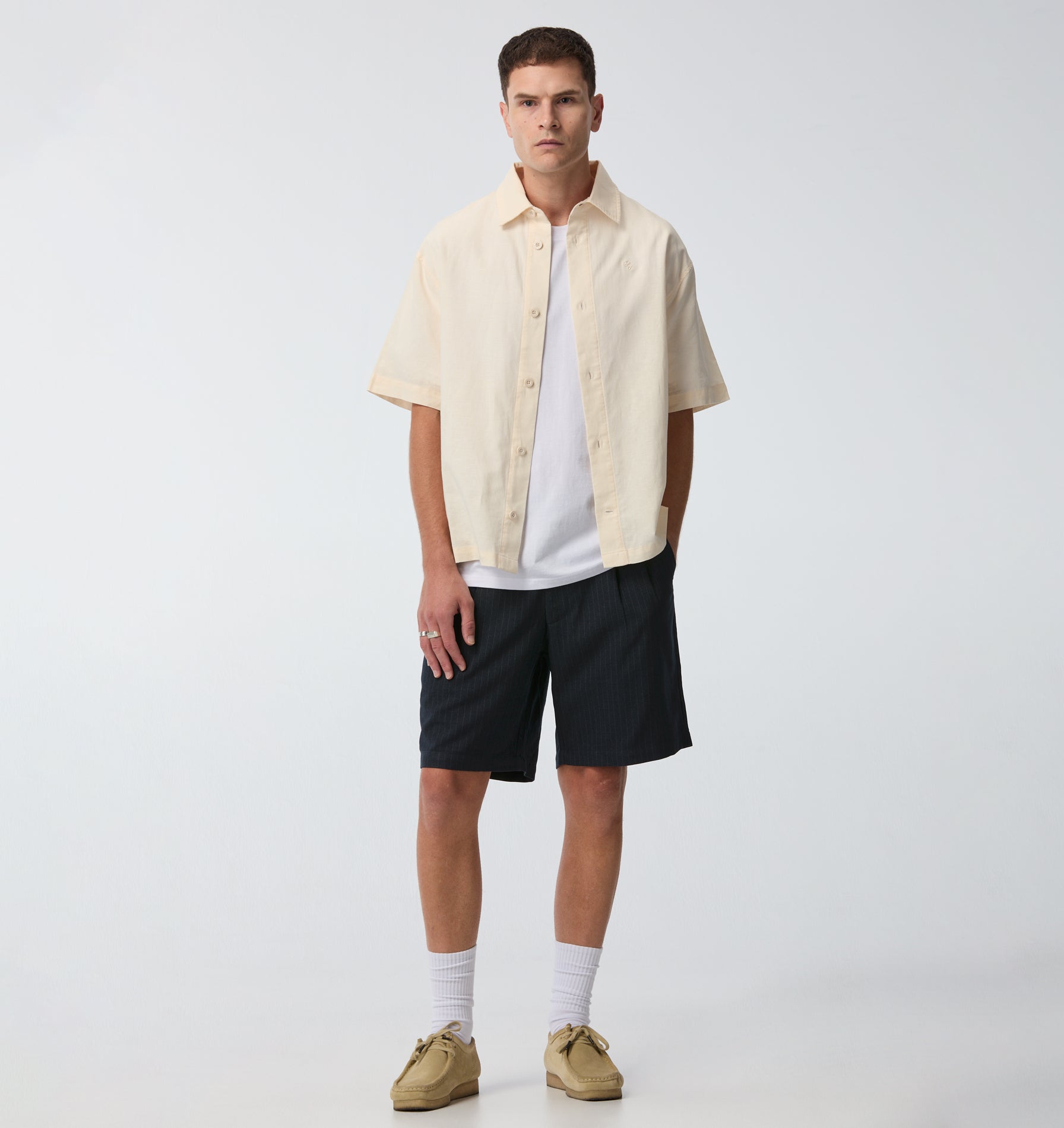 Quincy Pleated Short - Navy Pinstripe
