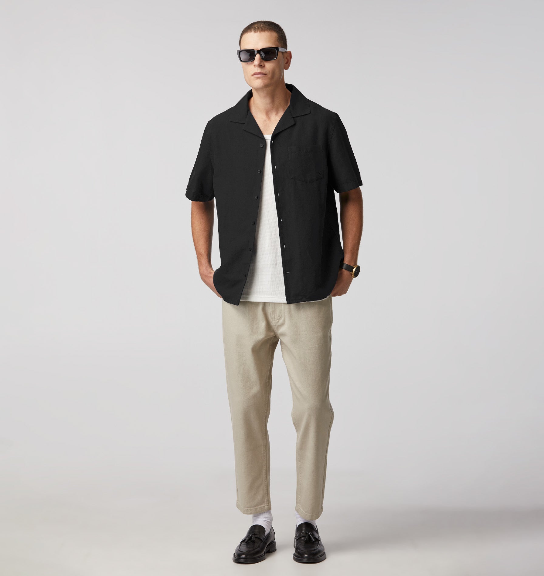Linen Cuban Collar SS Shirt -Black