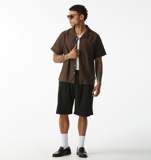 Linen Cuban Collar SS Shirt - Espresso