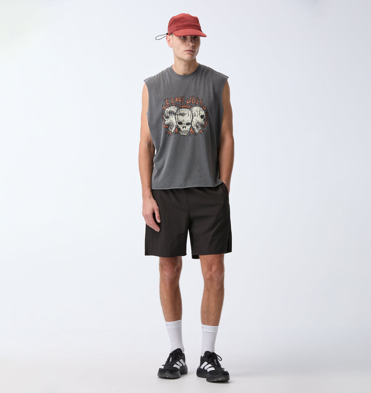 Skull Active Cotton Crop Tank - Washed Black