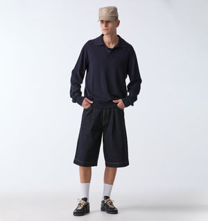 Wide Leg Pleat Denim Short - Indigo