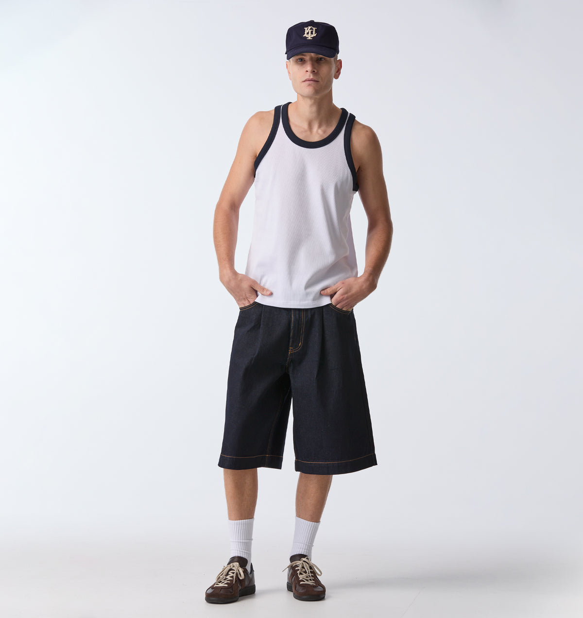 Ribbed Slim Tank - White/Navy