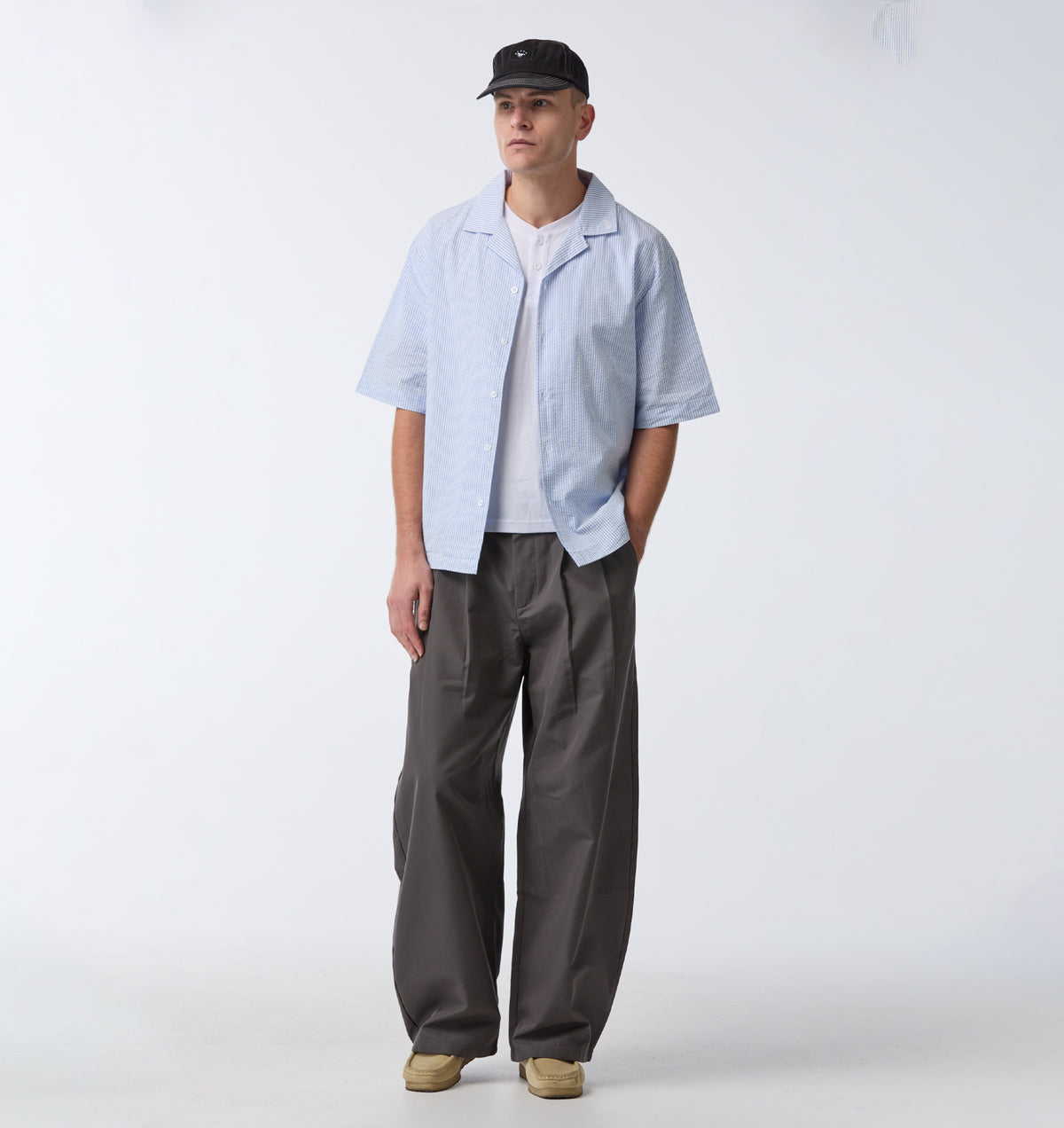 Box Cuban Collar Shirt - Blue/White Stripe