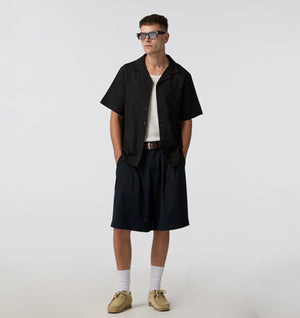 Linen Cuban Collar SS Shirt - Black