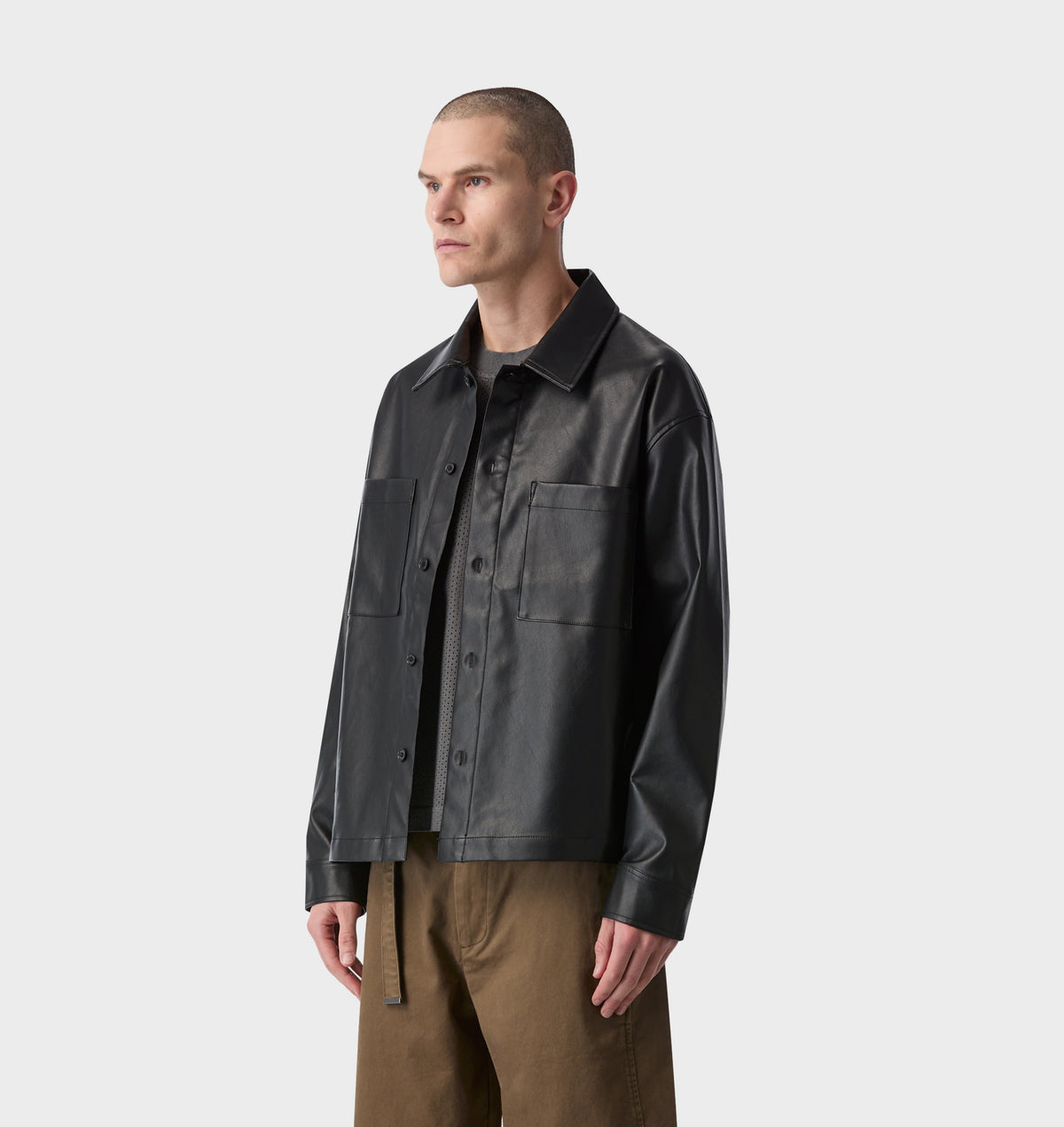 Faux Leather Overshirt - Black
