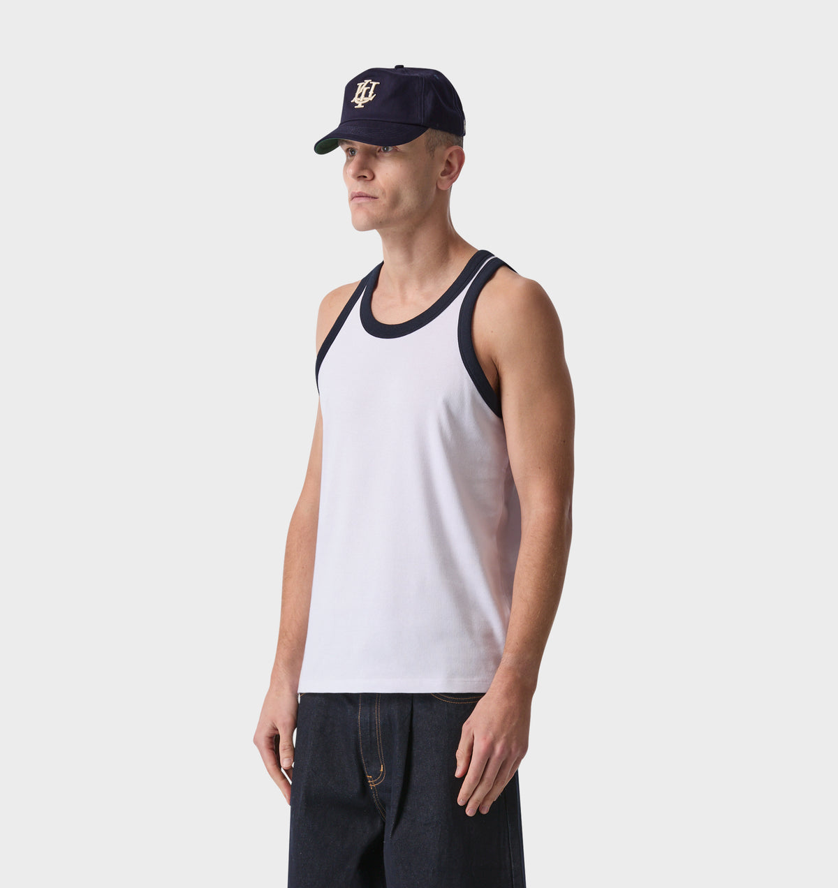 Ribbed Slim Tank - White/Navy