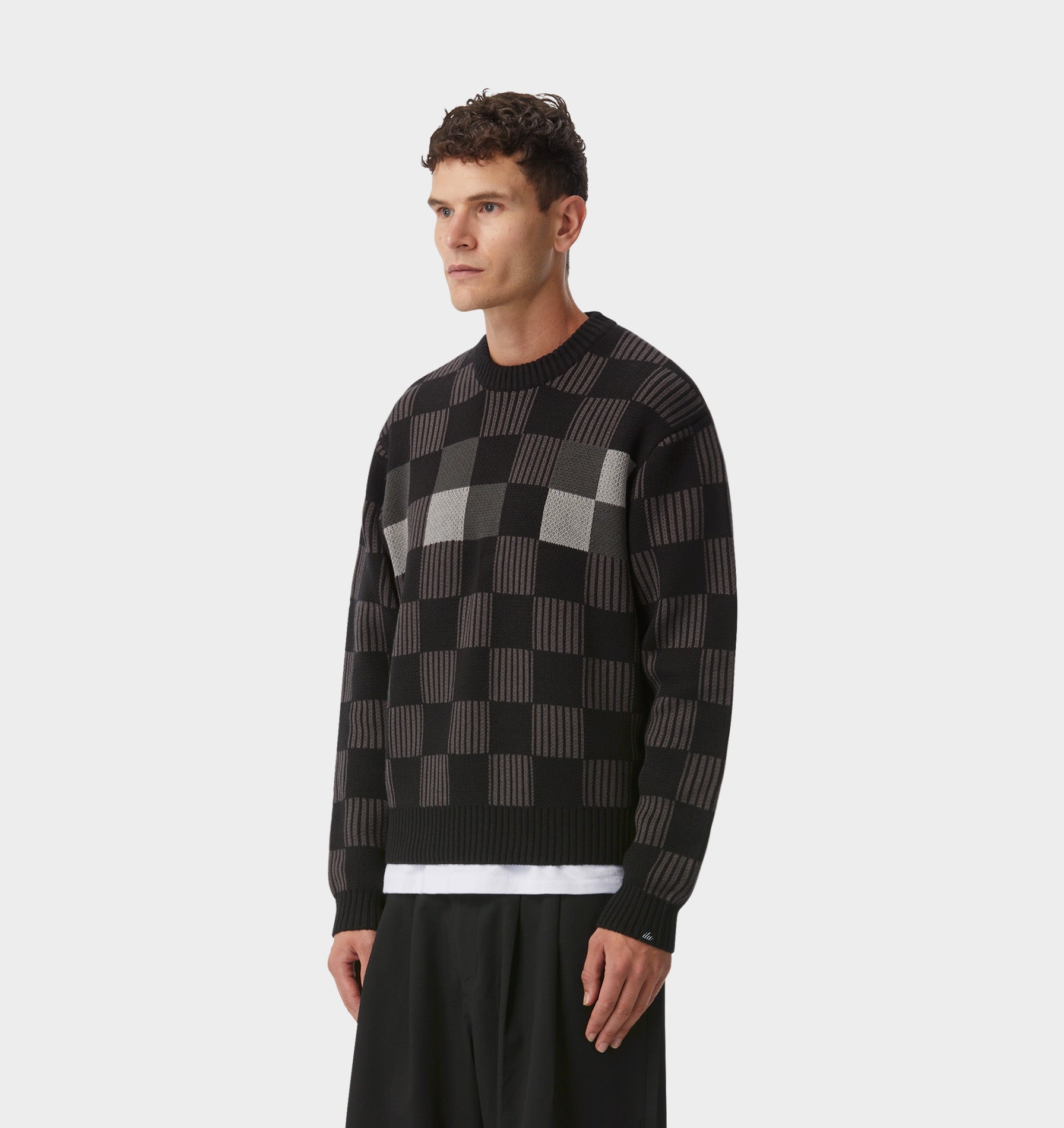Checkerboard Knit Sweater - Charcoal