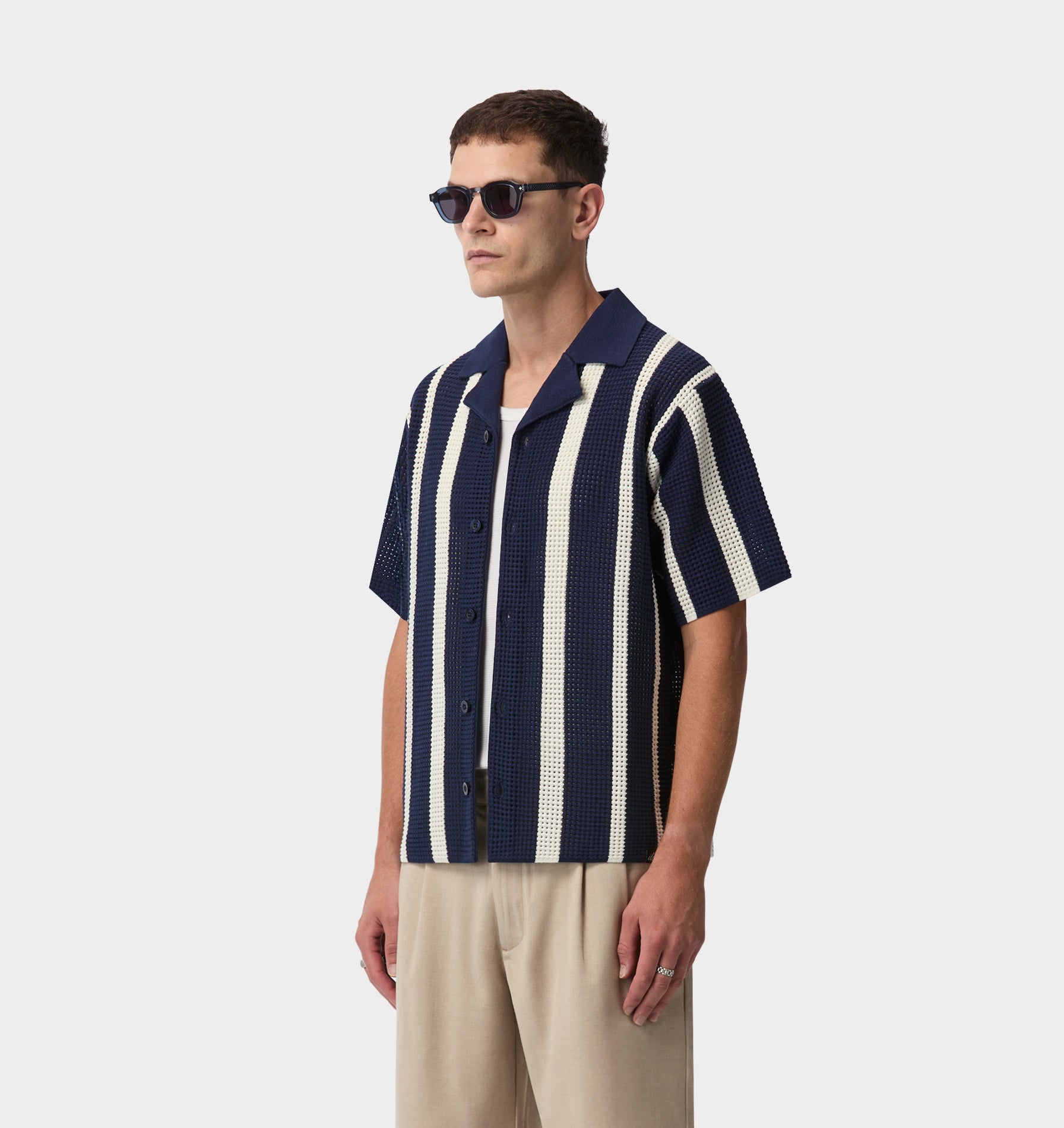Knit Cuban Collar SS Shirt - Navy/Off White
