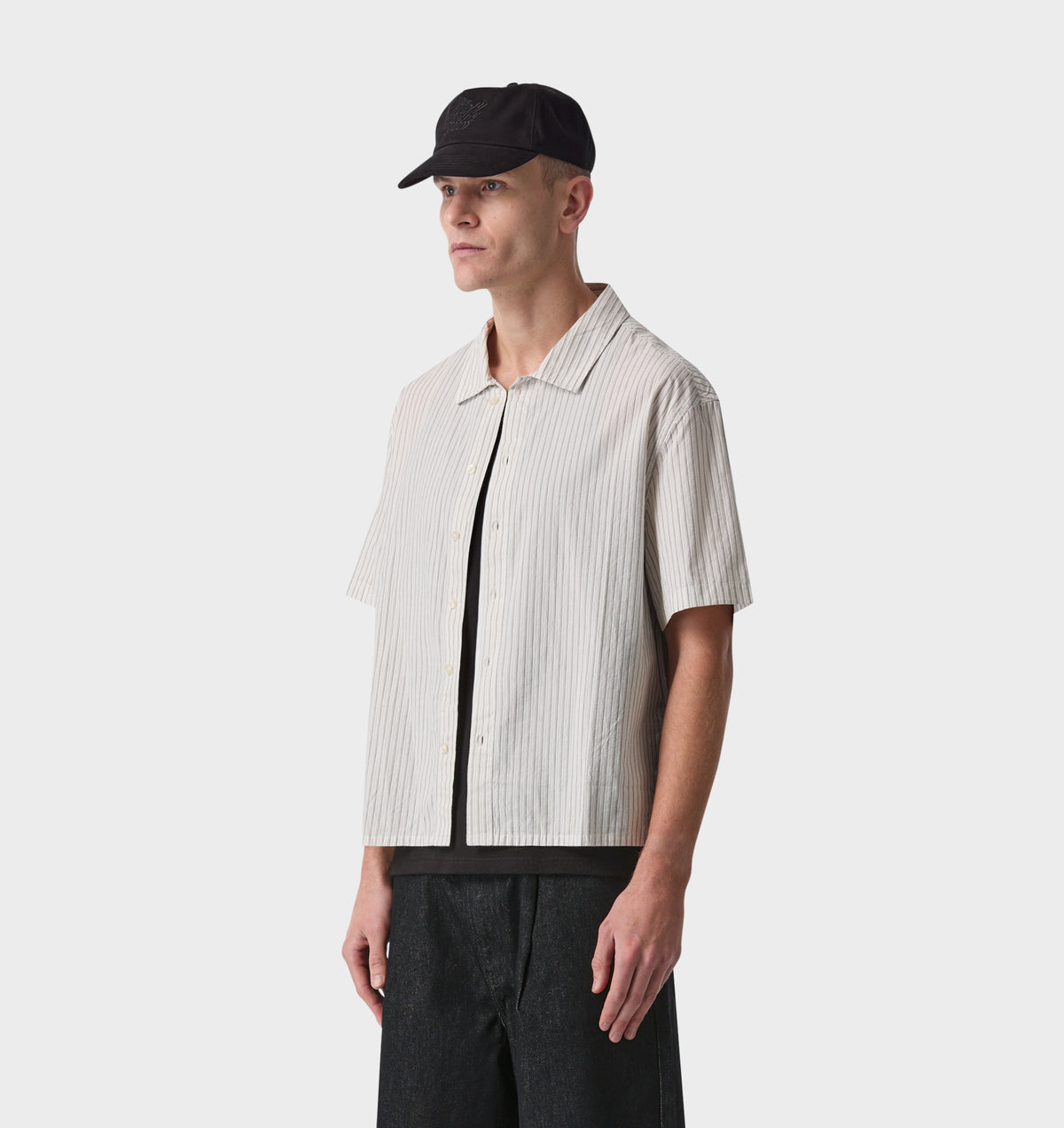 Stripe Crop SS Shirt - White/Black/Beige Stripe