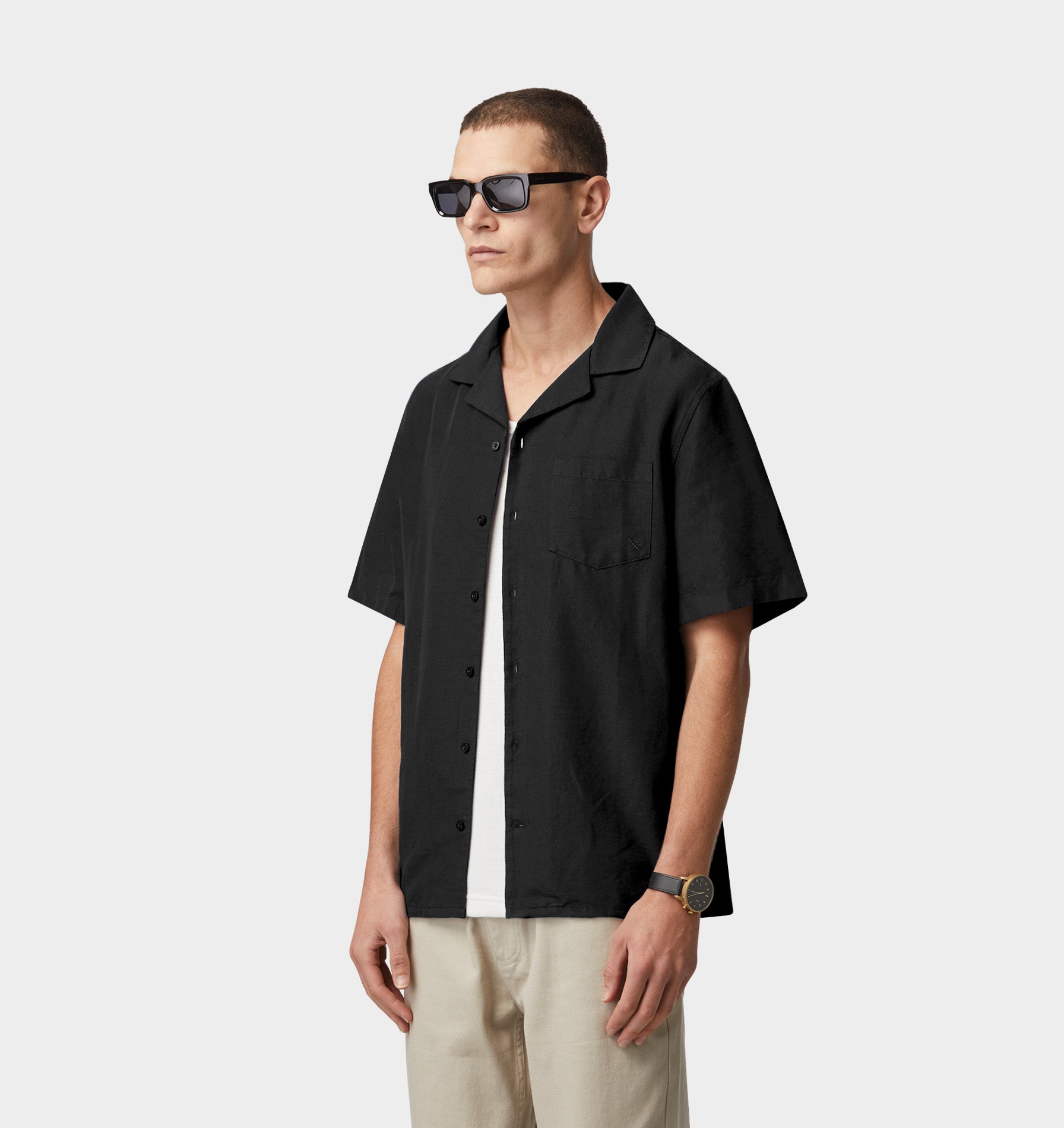 Linen Cuban Collar SS Shirt -Black