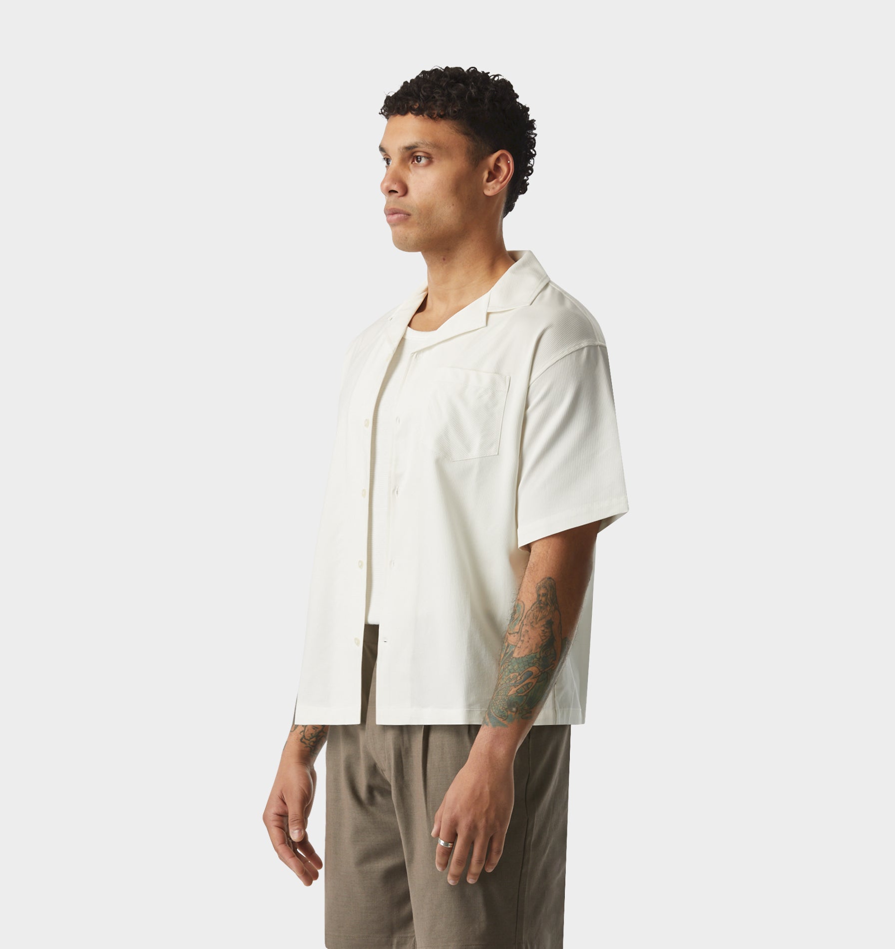 Textured Box Cuban Collar SS Shirt - White Stripe