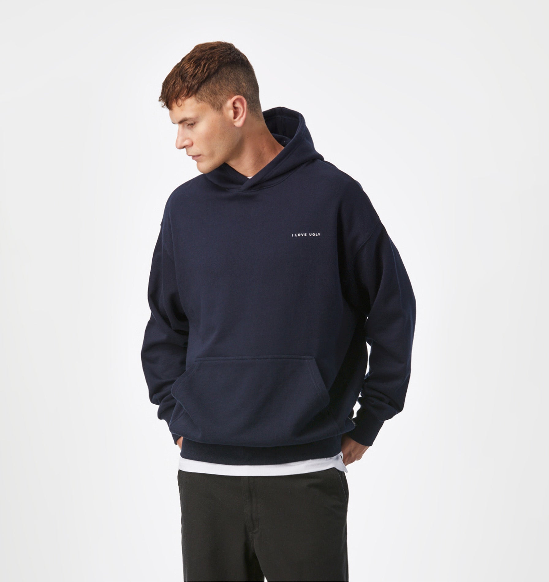 Box Fit Hoodie in Midnight Navy I Love Ugly